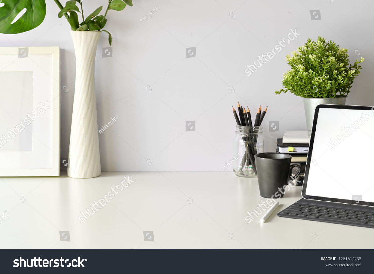 Office desk top table with office supplies, workspace and copy space #1261614238