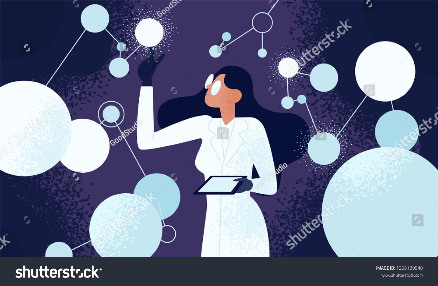 Female scientist in lab coat checking artificial neurons connected into neural network. Computational neuroscience, machine learning, scientific research. Vector illustration in flat cartoon style. #1266139540