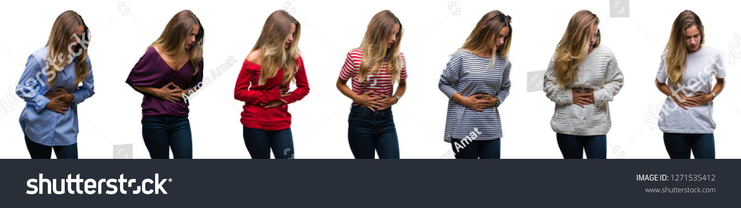 Collage of young beautiful blonde woman over isolated background with hand on stomach because nausea, painful disease feeling unwell. Ache concept. #1271535412