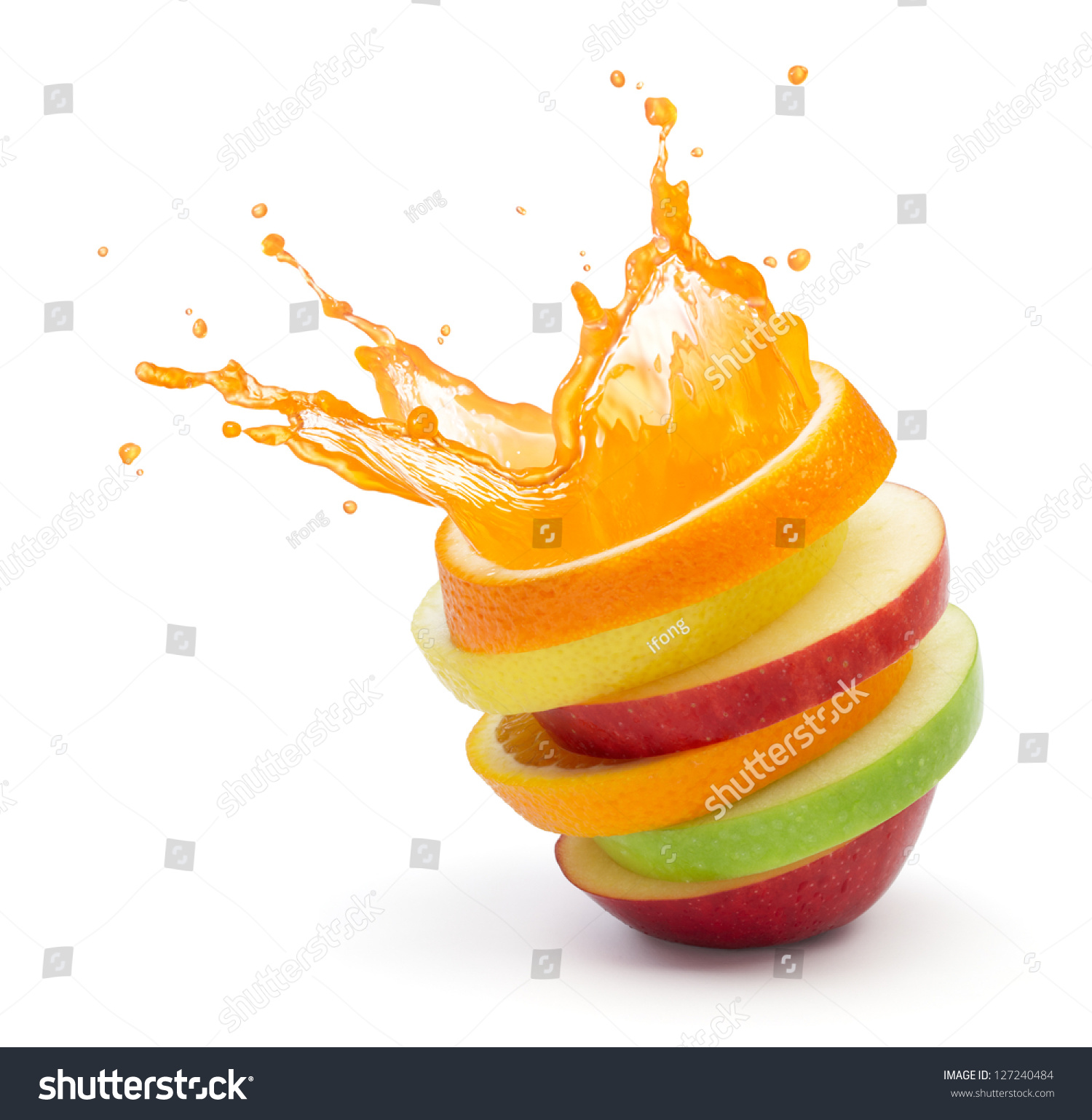 various type of fruit slices stacked with splash, fruit punch concept #127240484