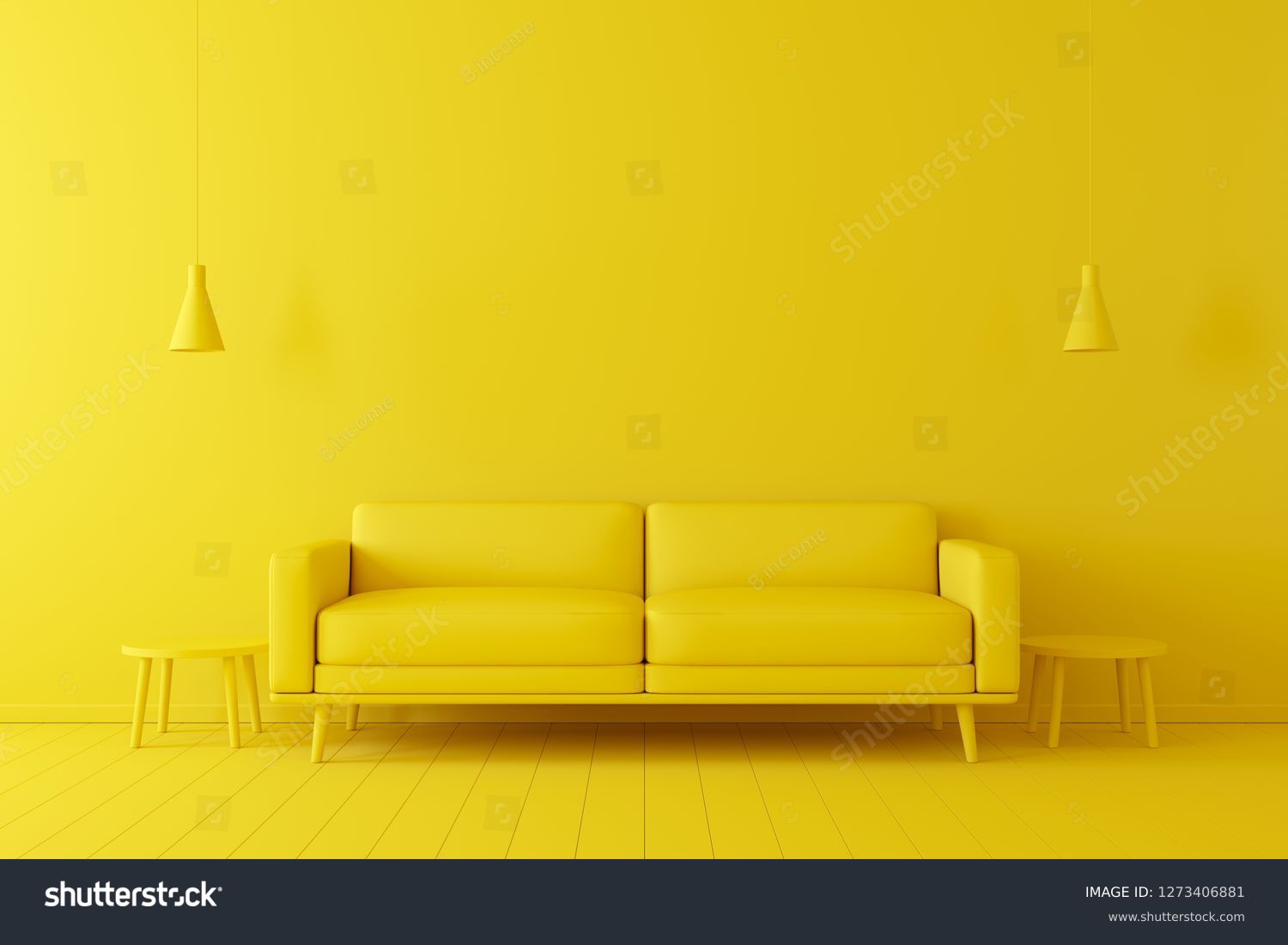 Minimal concept. interior of living yellow tone on yellow floor and background. #1273406881
