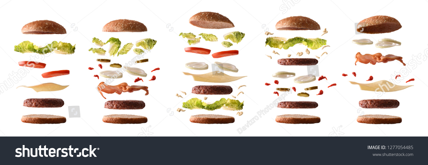 Set of different burgers with ingredients separated by layers on white isolated background. Front view. Horizontal composition. #1277054485