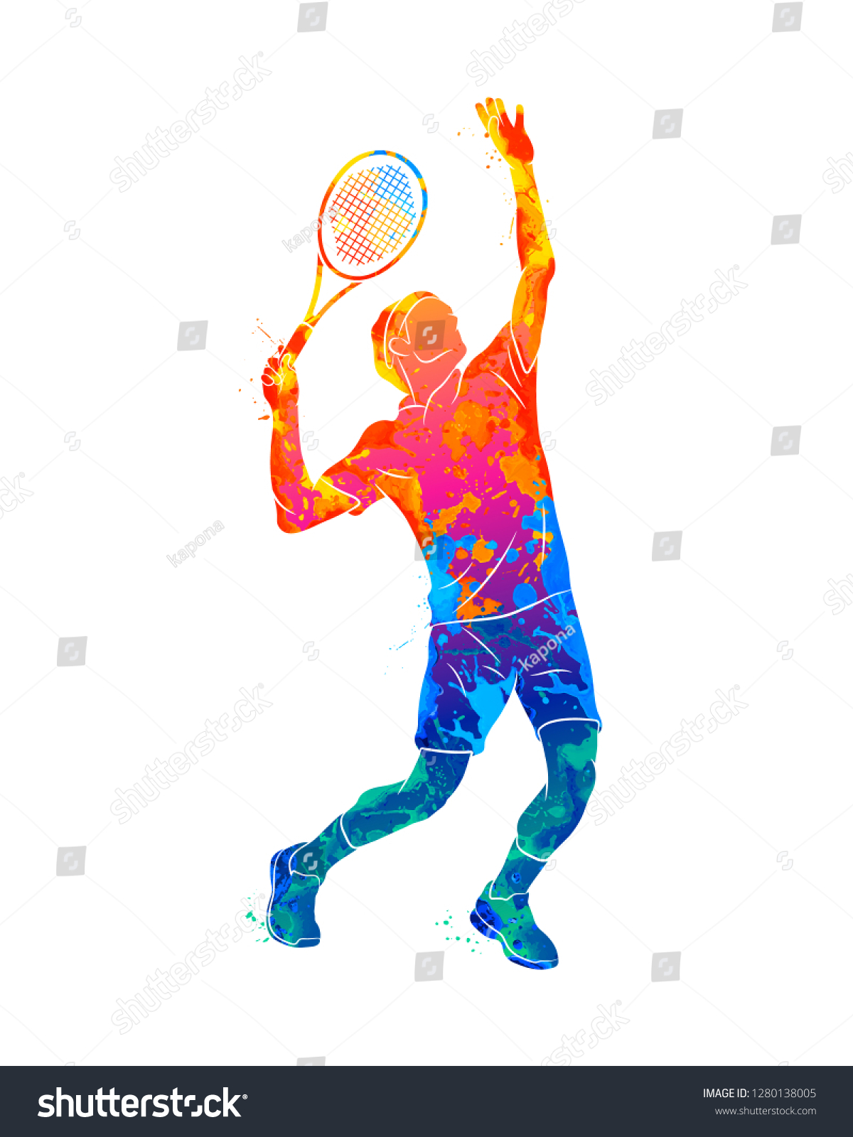 Abstract tennis player with a racket from splash of watercolors. Vector illustration of paints #1280138005