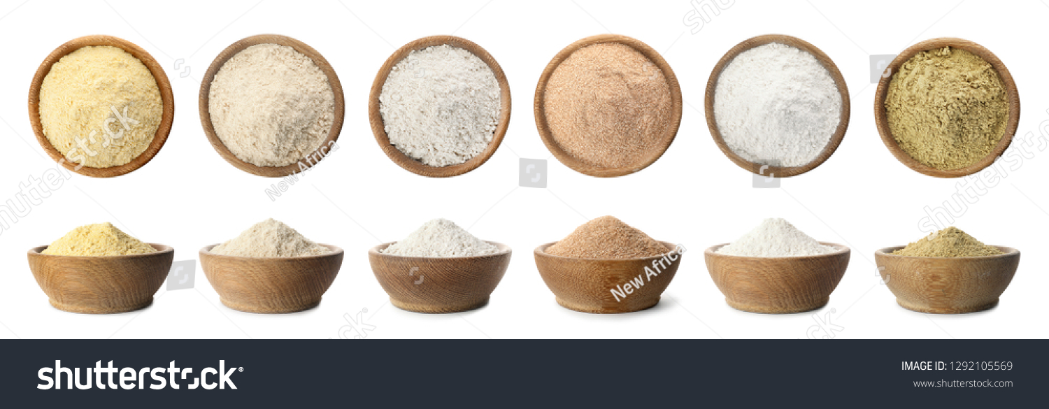 Set of organic flour in wooden bowls on white background #1292105569