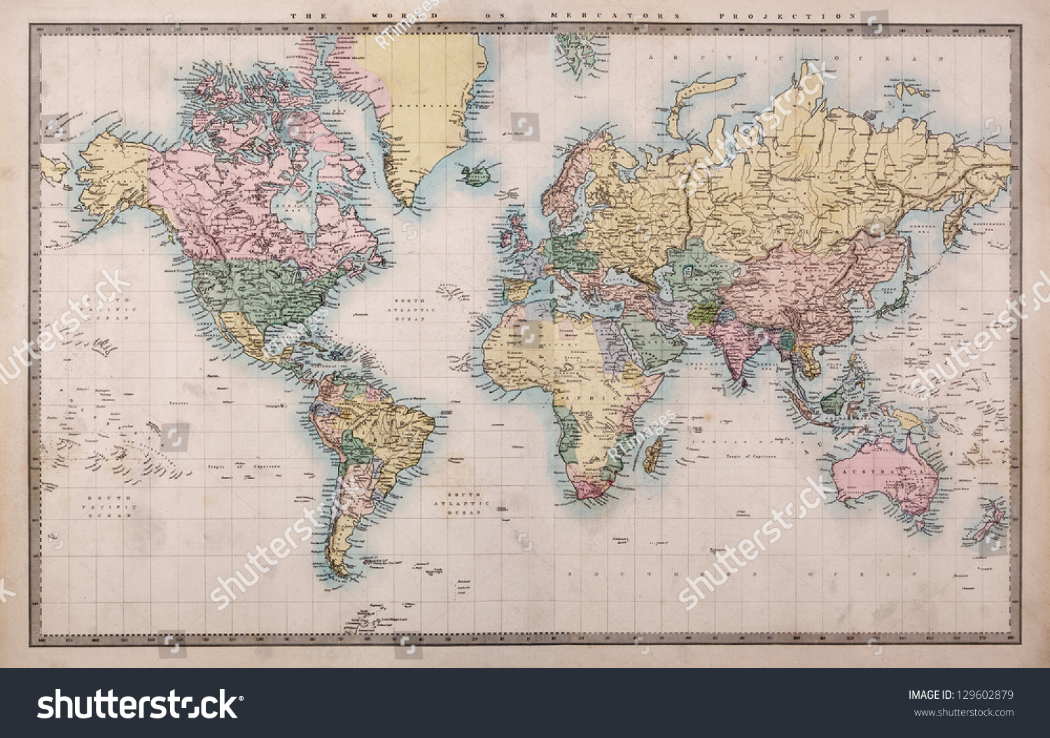 Original old hand coloured map of the World on Mercators projection circa 1860,the countries are named as they were then i.e. Persia, Arabia etc. a few stains as expected for a map over 150 years old. #129602879
