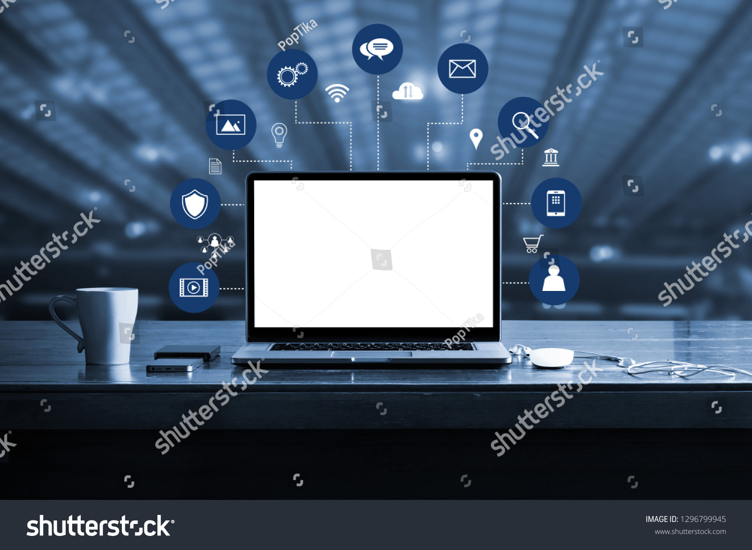 Digital marketing. laptop computer with white screen blank and virtual icon digital marketing network connection. Digital transformation and management business, media technology, blue tone. #1296799945