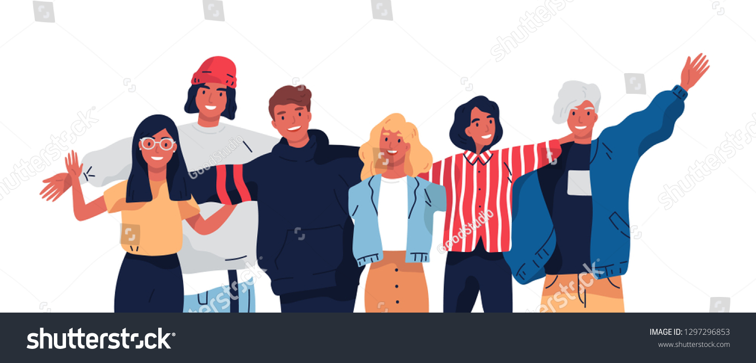 Group portrait of smiling teenage boys and girls or school friends standing together, embracing each other, waving hands. Happy students isolated on white background. Flat cartoon vector illustration. #1297296853