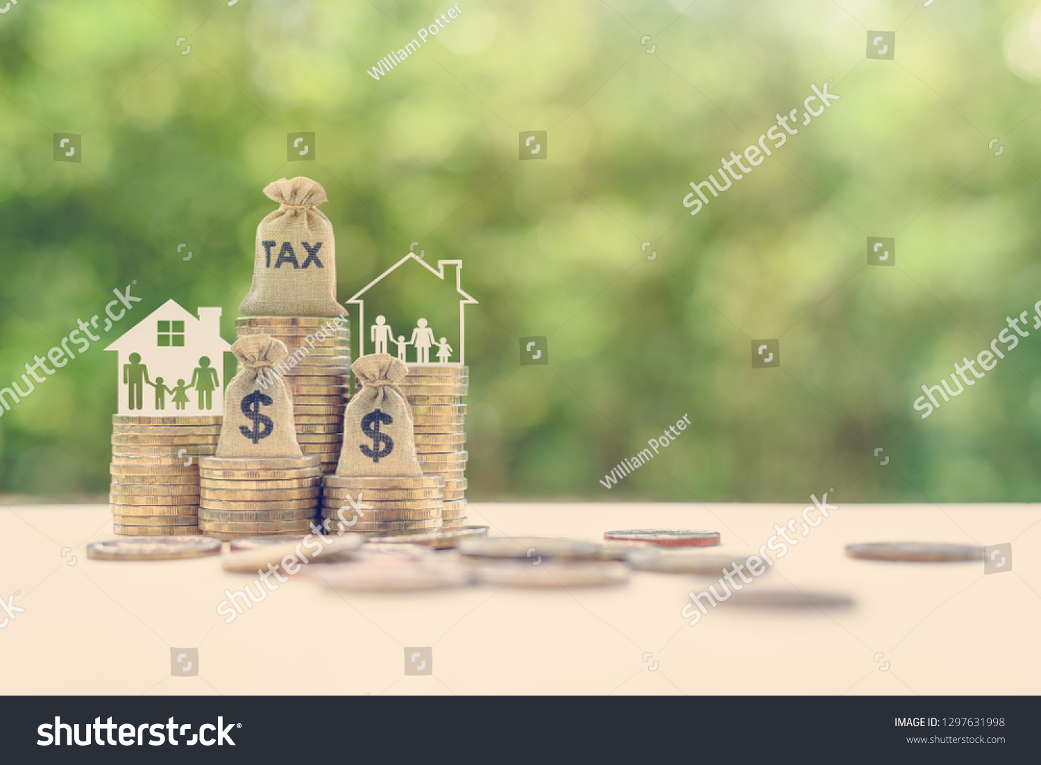 Family tax benefit / residential property or estate tax concept : Tax burlap bag, family members, house on rows of coin money, depicts mandatory financial charge / type of levy imposed upon a taxpayer #1297631998