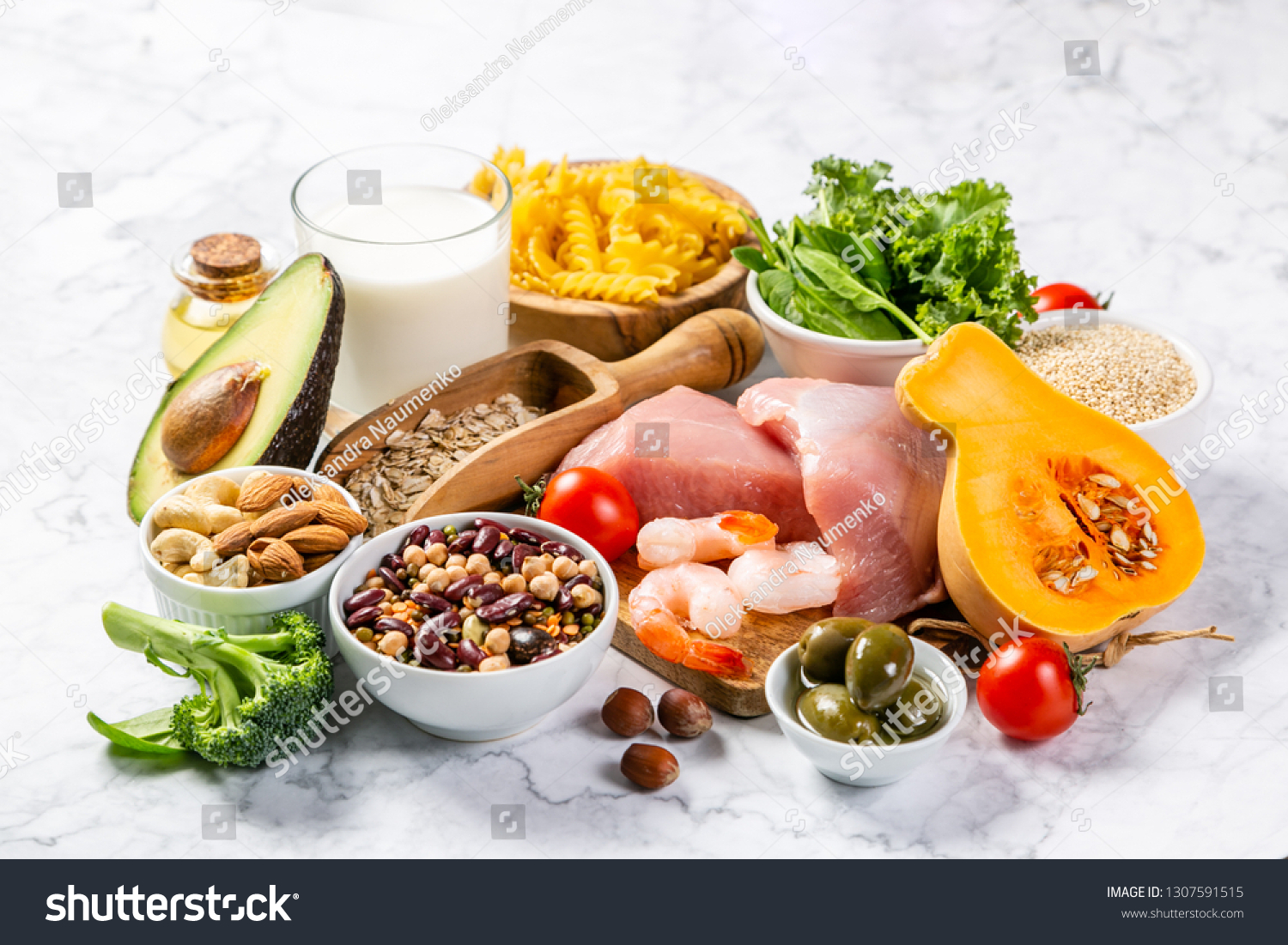 Mediterranean diet concept - meat, fish, fruits and vegetables on bright green background #1307591515