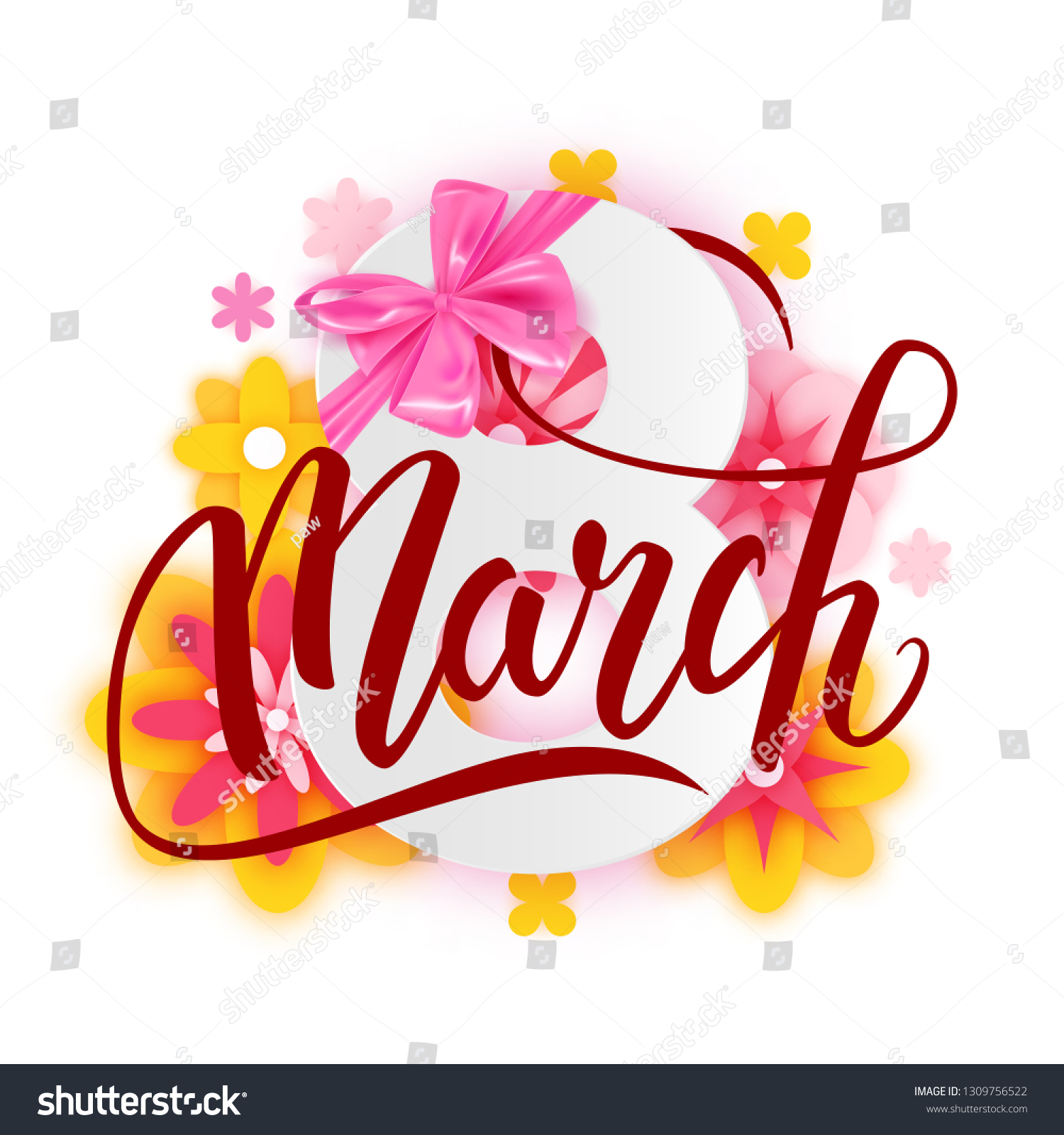 Happy International Women's Day decorative postcard banner with beautiful spring flowers, 8 March, vector illustration #1309756522