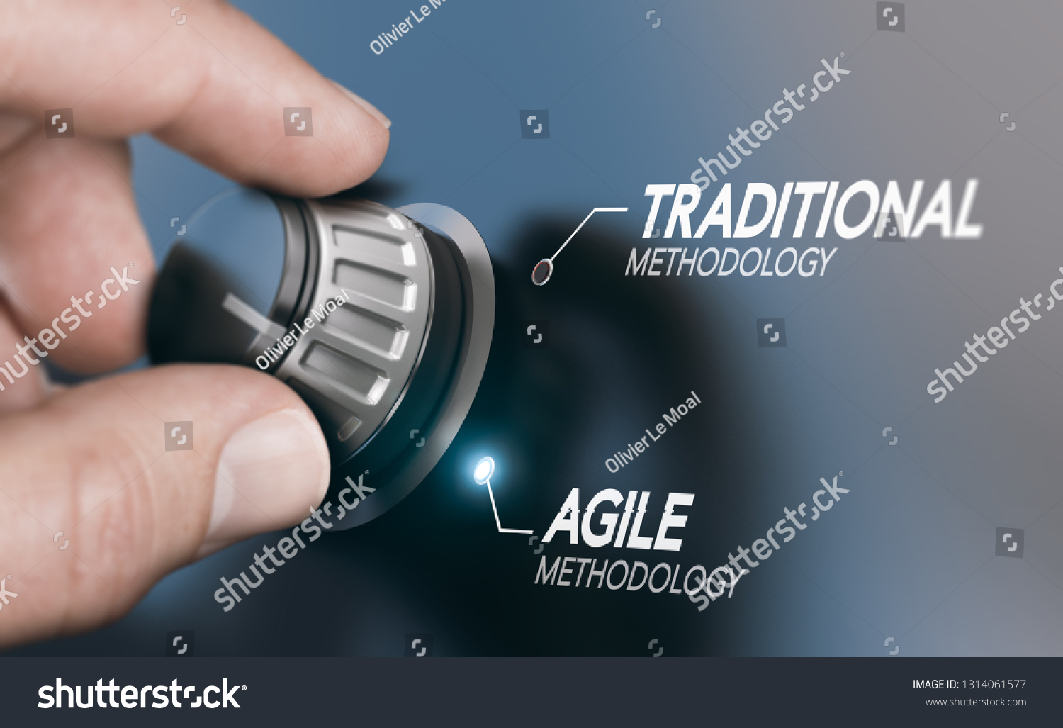 Man turning knob to changing project management methodology from traditional to agile PM. Composite image between a hand photography and a 3D background. #1314061577