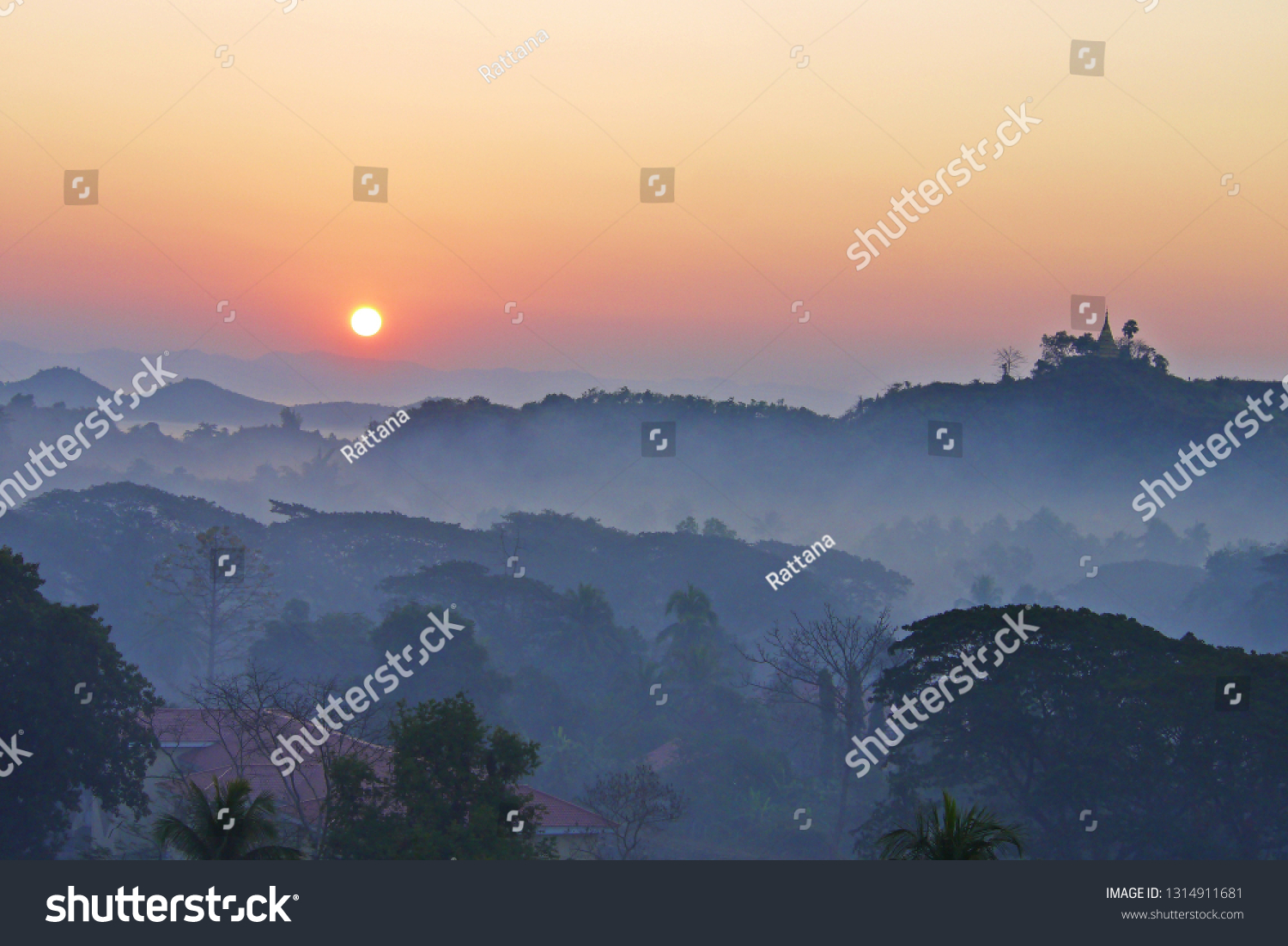 Beautiful  landscape view , Morning sunrise and  mountain view with  fog  ,Mrak-U  Rakhine State ,Myanmar, soft focus , selective focus.  #1314911681