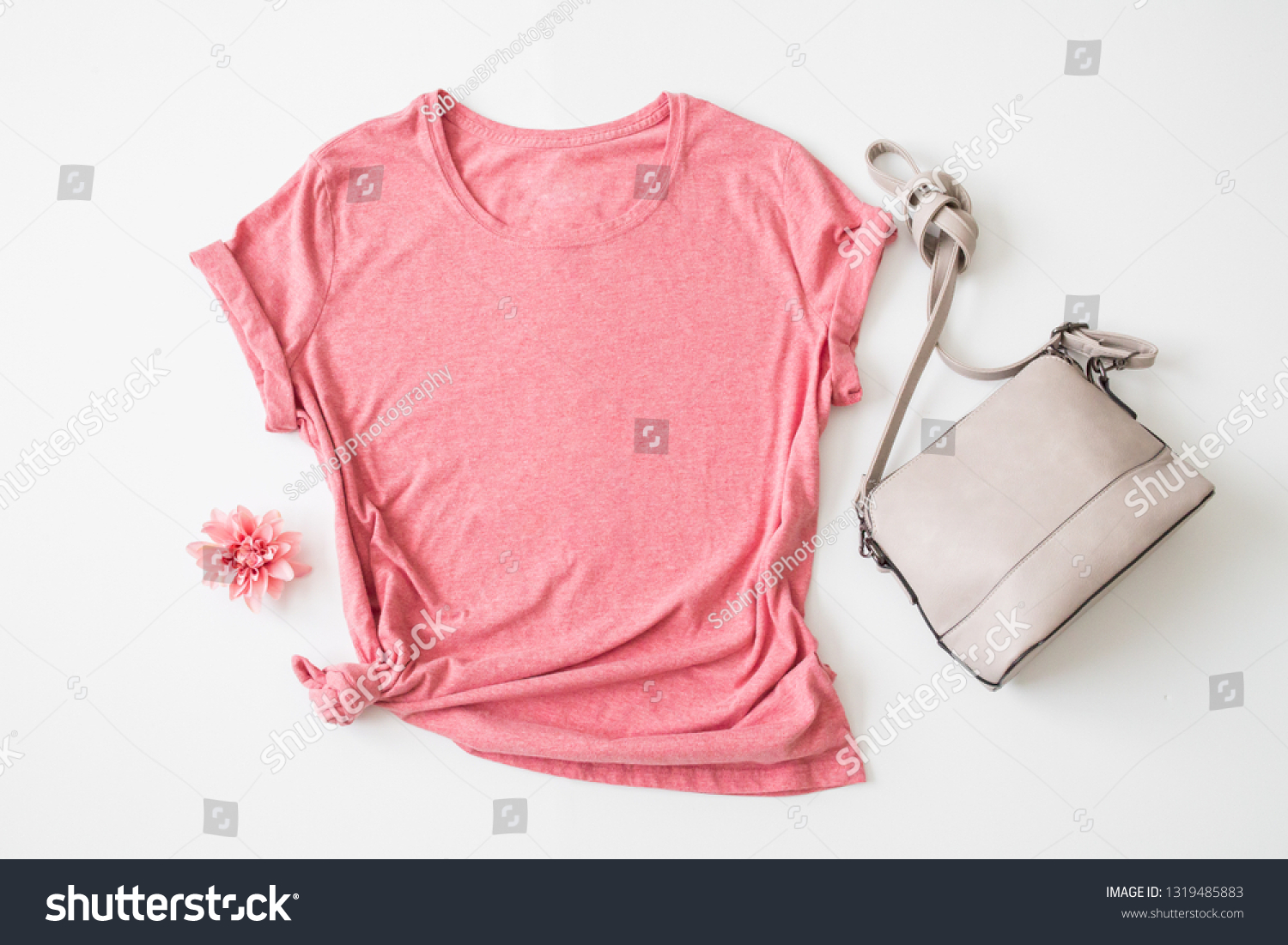 Styled Stock Photography "Heather", Mockup-Digital File, Pink Women's T-shirt with Purse and Flower Mock Up #1319485883