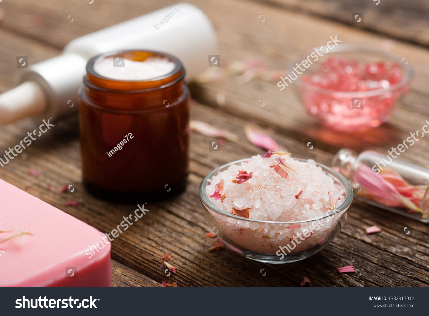 himalaya salt on old wooden table  #1332917012