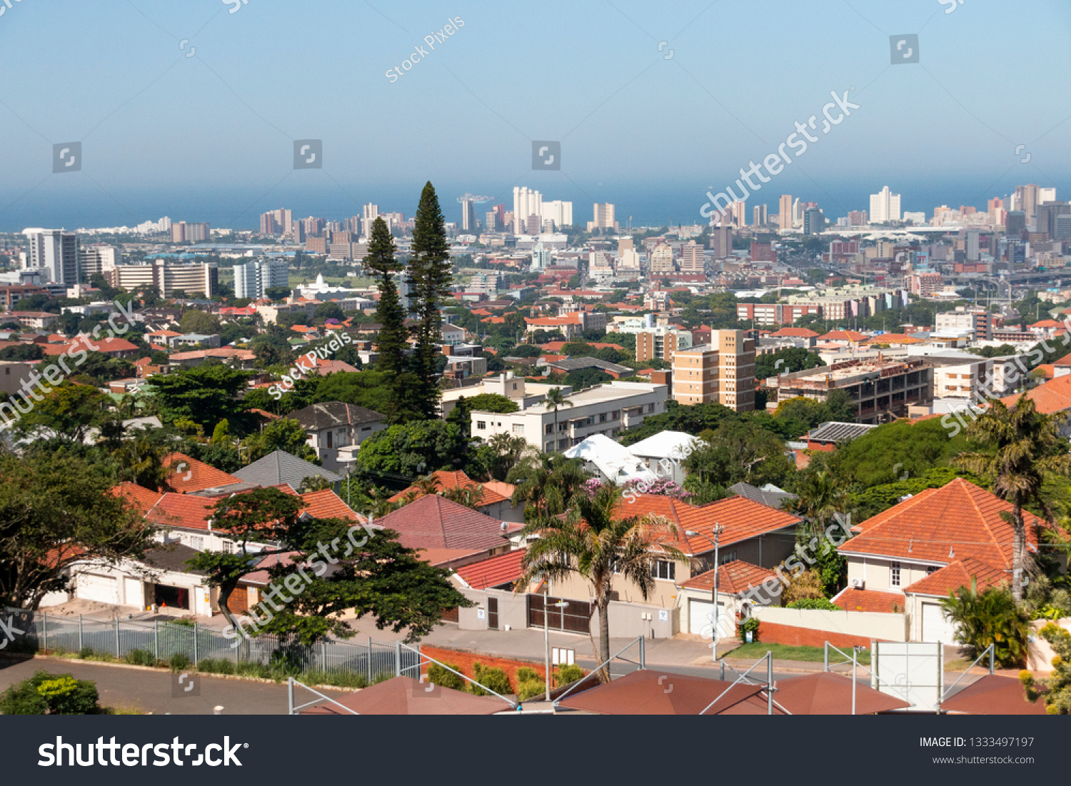 A view of the berea-westridge in Durban in kwa-zulu Natal south africa and the ocean in the distance for a fith floor building  #1333497197