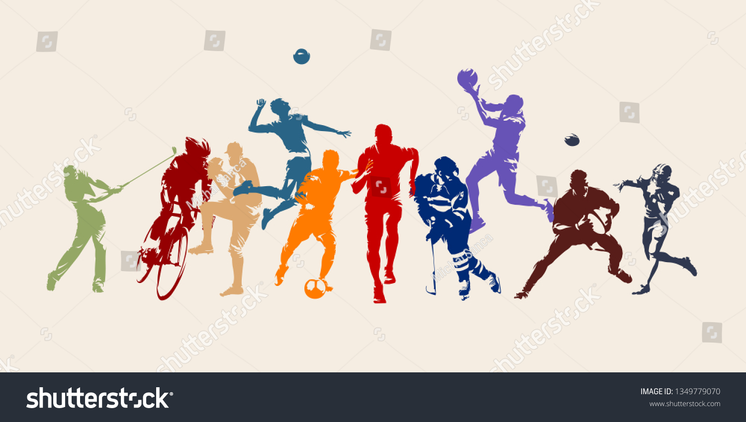 Sports, set of athletes of various sports disciplines. Isolated vector silhouettes. Run, soccer, hockey, volleyball, basketball, rugby, baseball, american football, cycling, golf #1349779070