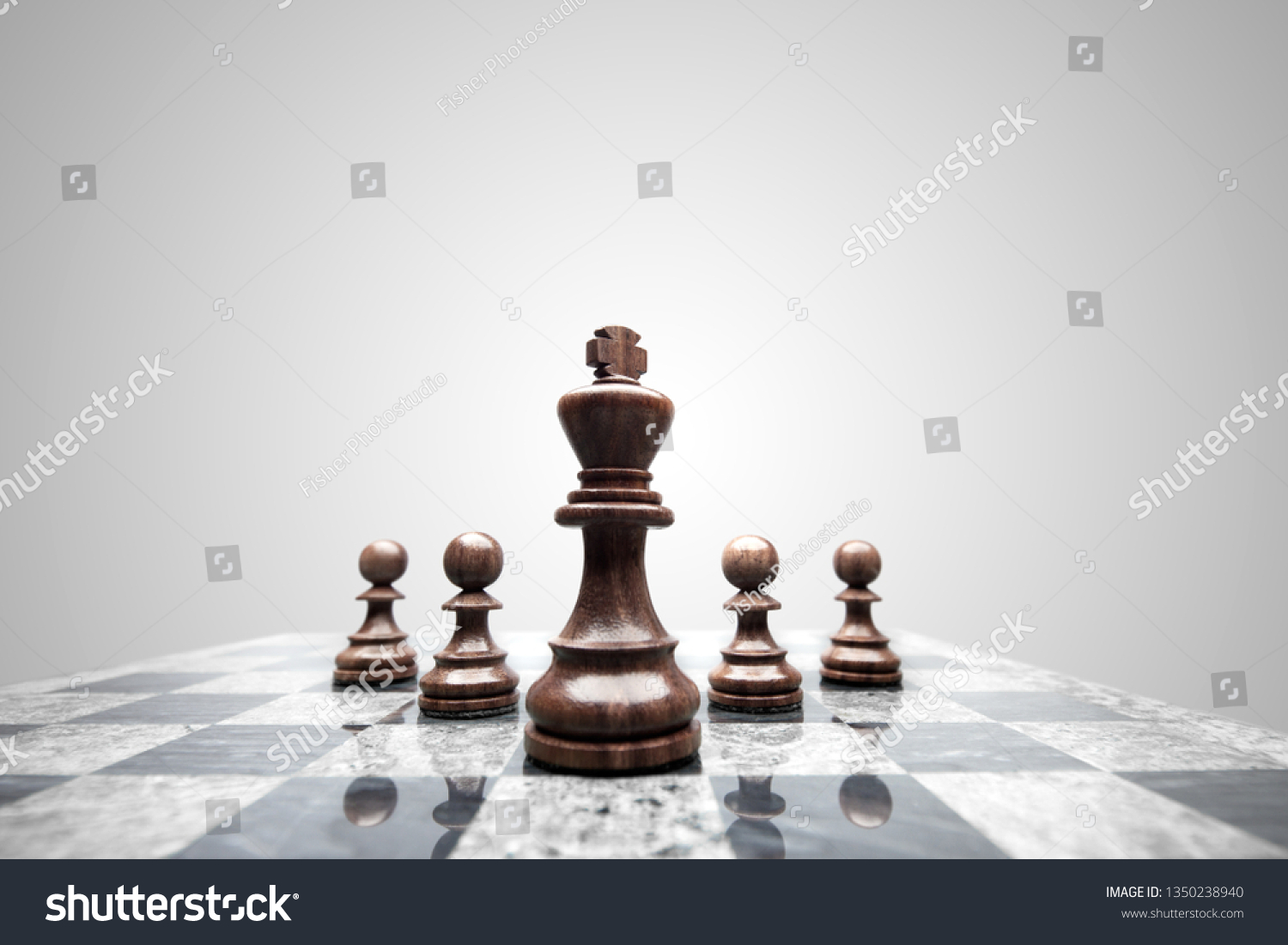 Creative success business concept meaningful photo of squad of 5 chess pieces figures leaded by the king on checkerboard. #1350238940