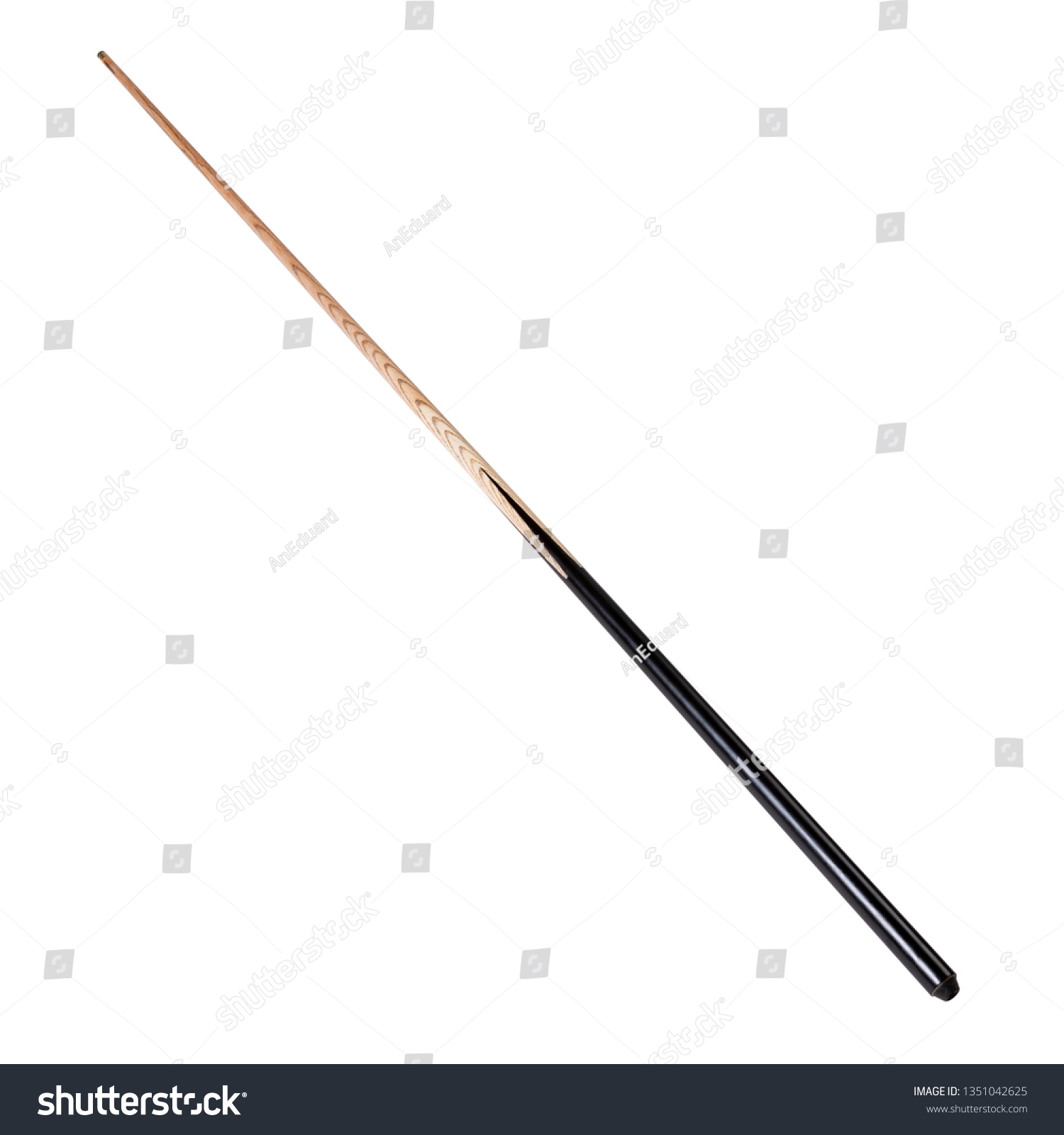 wooden cue for billiards with a black handle, on a white background, isolate #1351042625