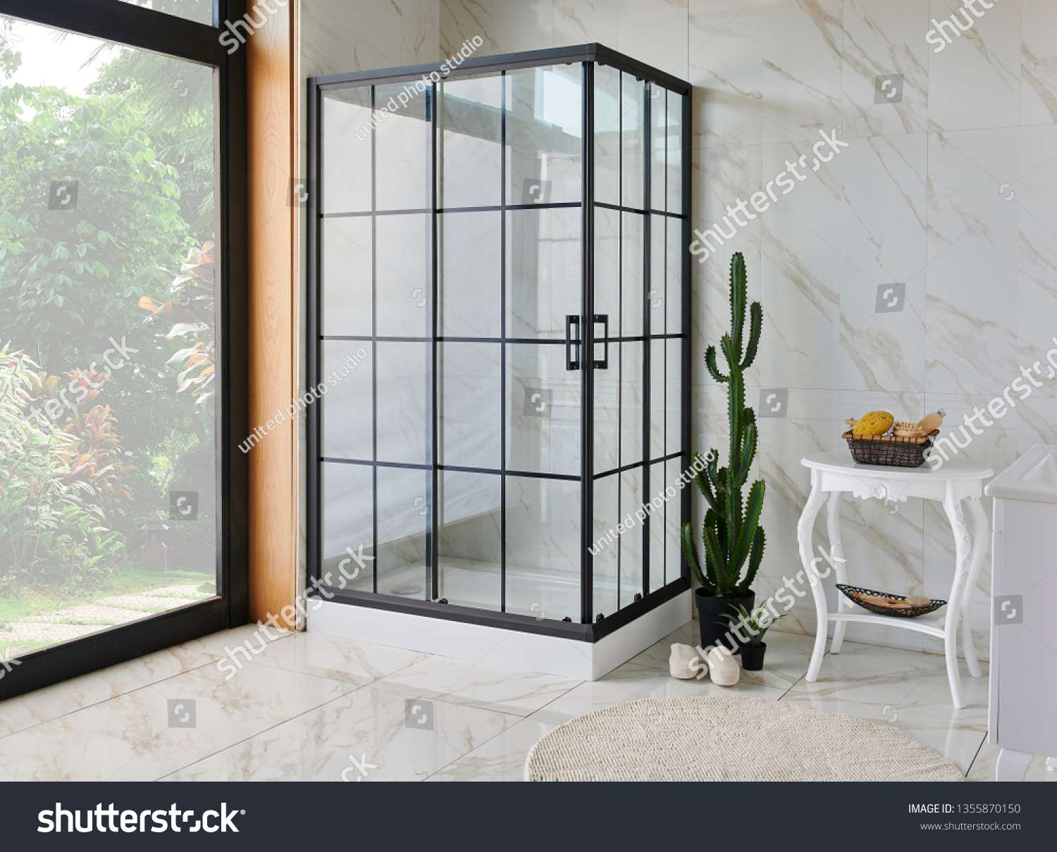 Close up modern grid shower in the white ceramic bath room. #1355870150