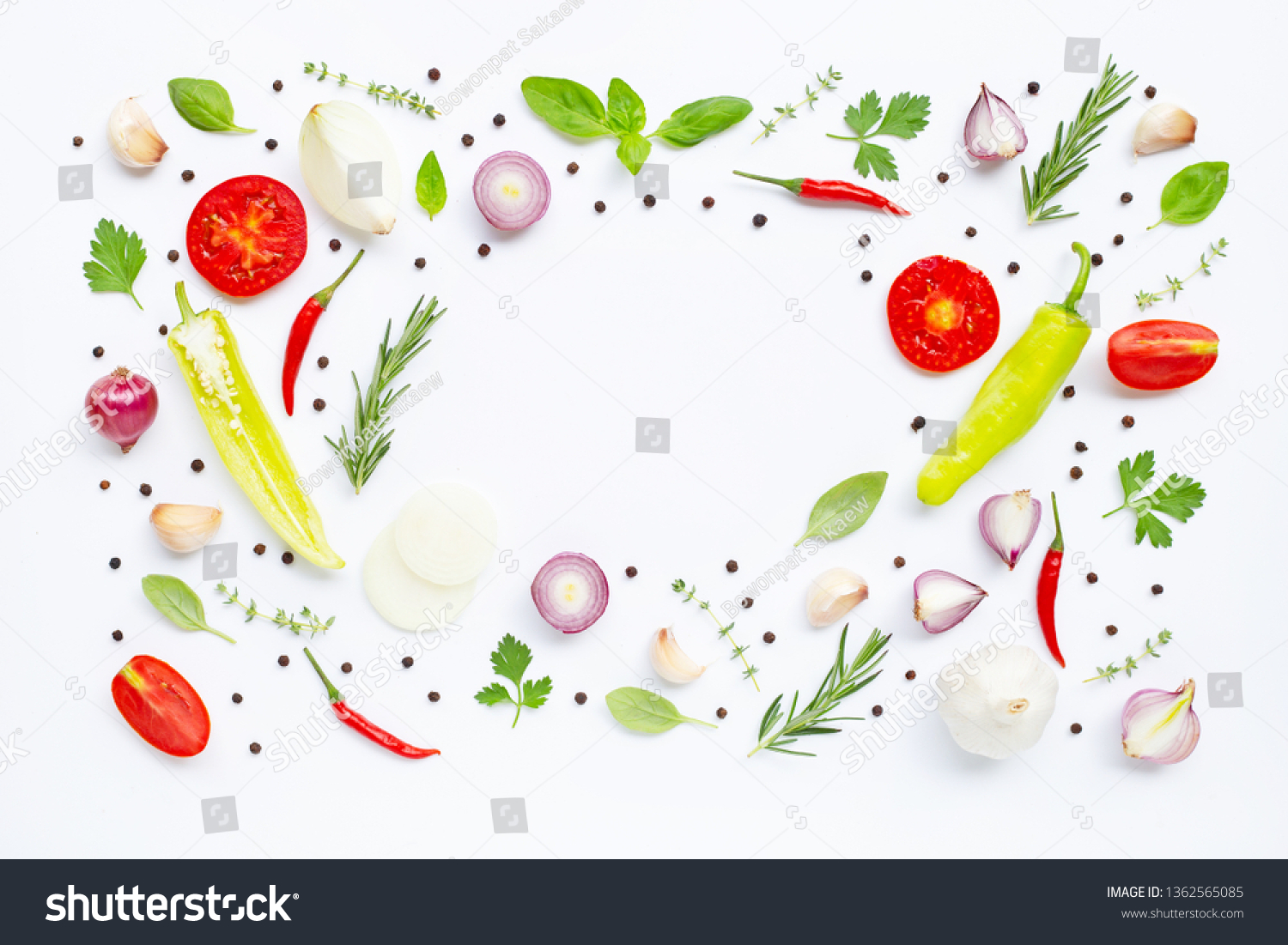 Various fresh vegetables and herbs on white background. Healthy eating concept #1362565085