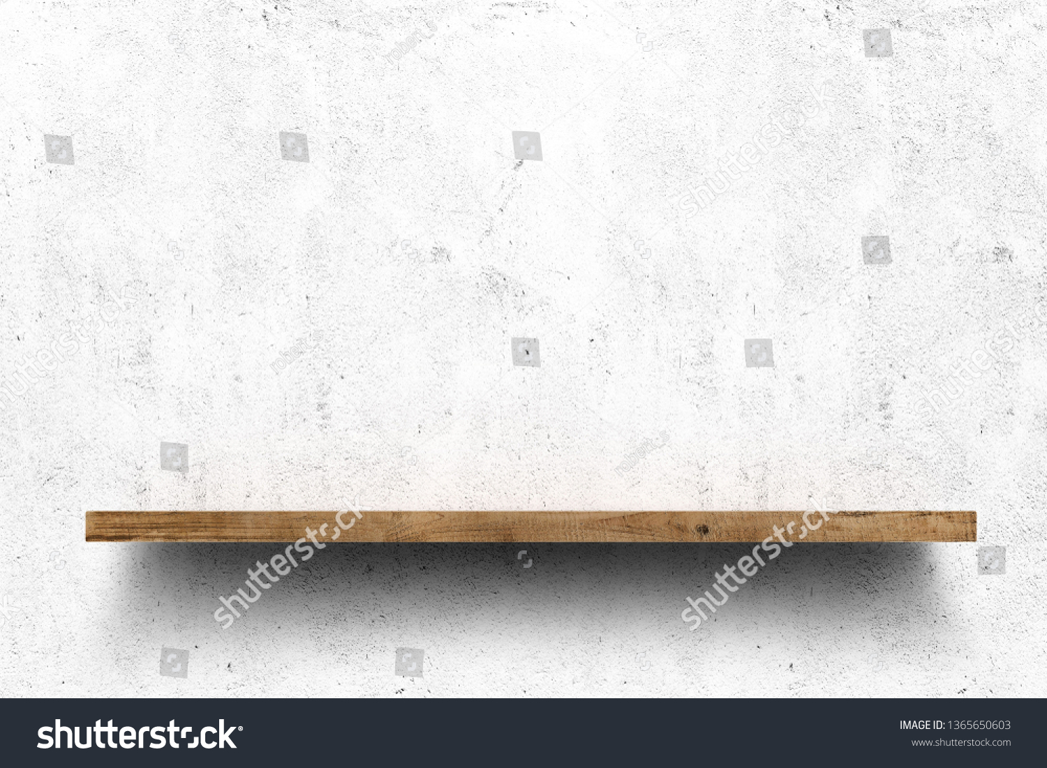 Wooden shelf over white concrete wall background #1365650603