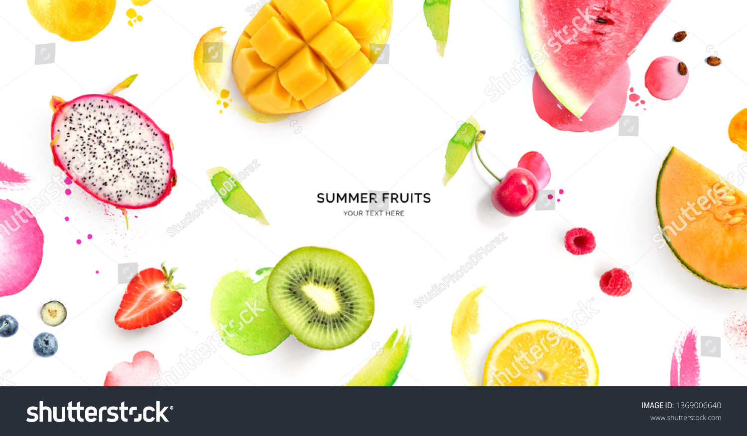 Creative layout made of dragonfruit, melon, watermelon, cherry, kiwi, strawberry, mango on the watercolor background. Flat lay. Food concept. #1369006640