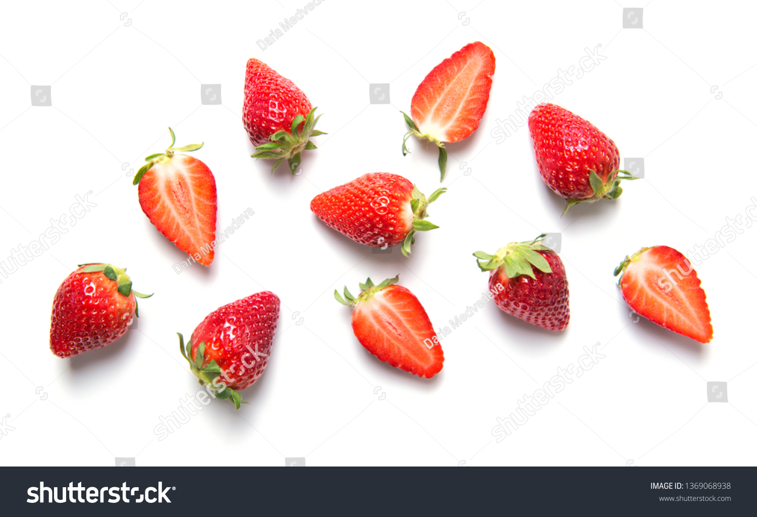 Ripe strawberries isolated on white background, berry pattern, top view #1369068938
