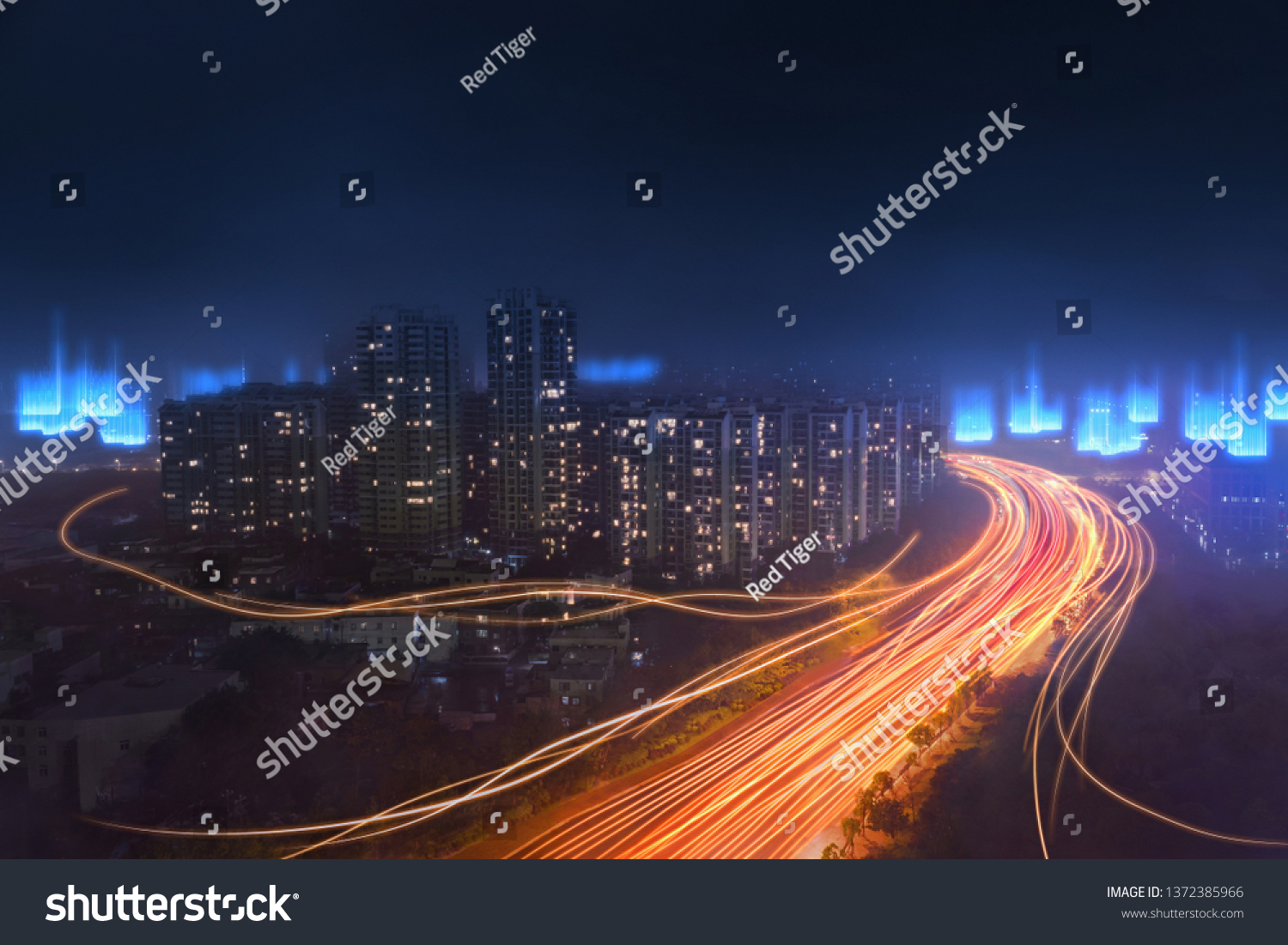 digital modern city with high speed fiber network coverage, abstract futuristic concept of big data technology  #1372385966