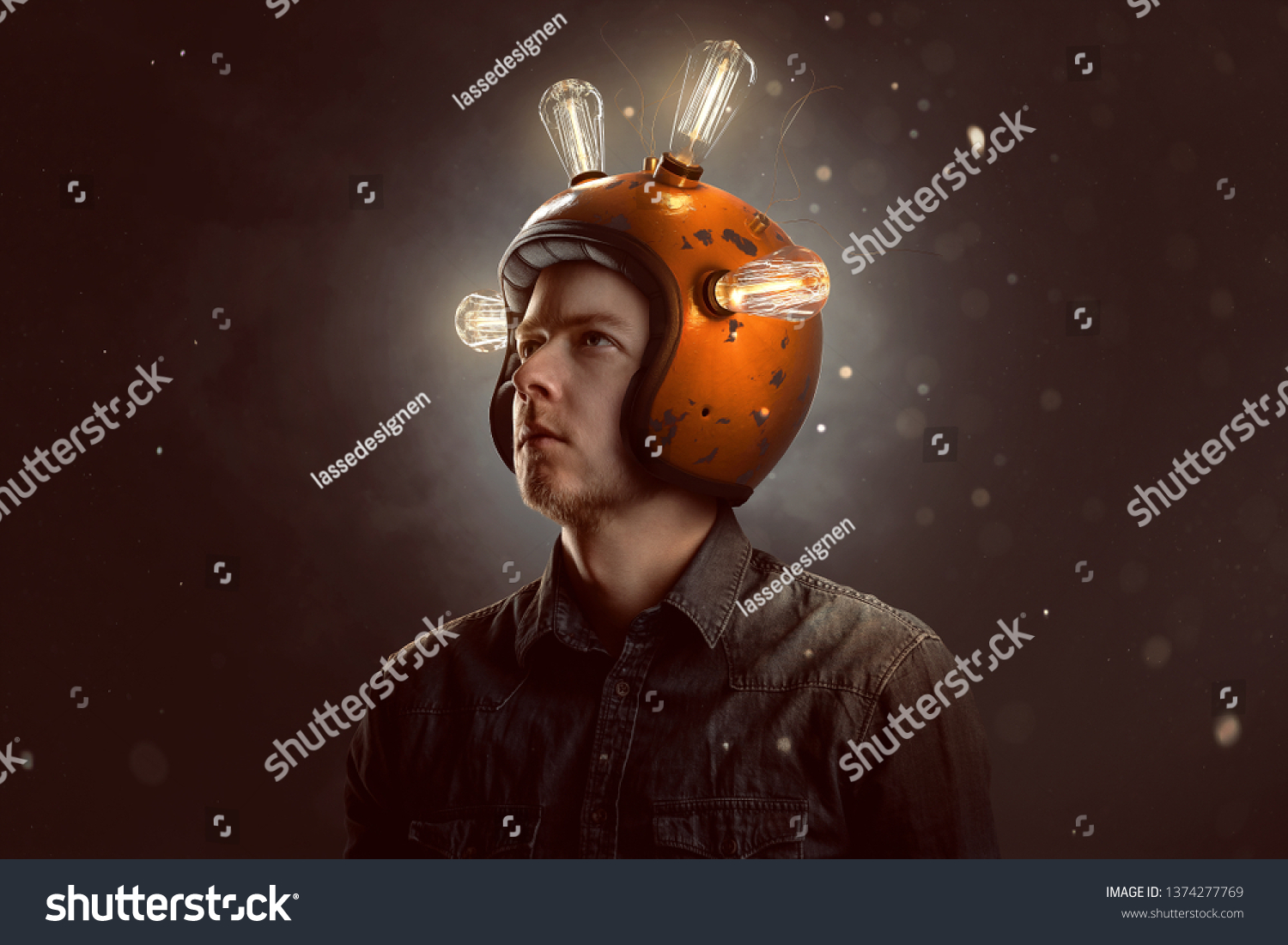 Young man with light bulb helmet #1374277769