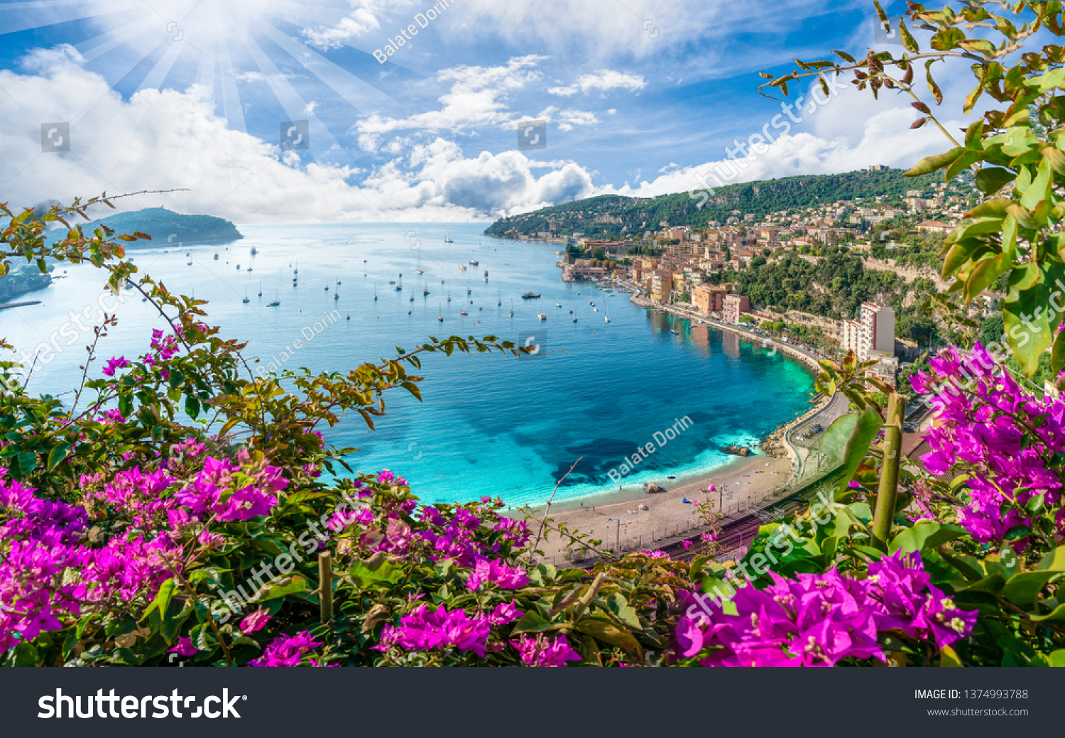 Aerial view of French Riviera coast with medieval town Villefranche sur Mer, Nice region, France #1374993788