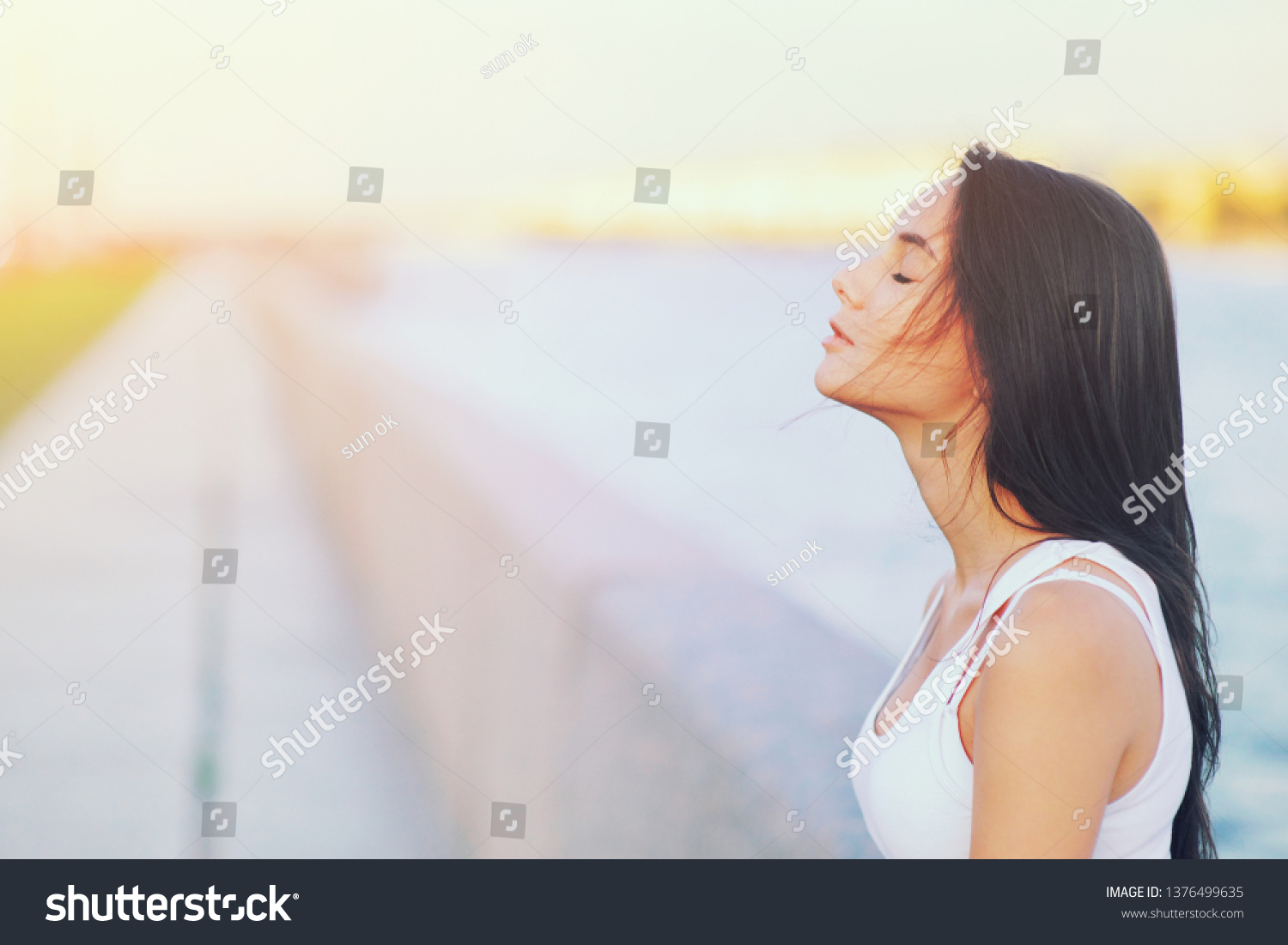 Side view profile portrait of a happy brunette woman relaxing breathing fresh air outdoors in summer Girl closed eyes doing deep breath exercises. Positive emotion success, peace of mind, zen concept. #1376499635