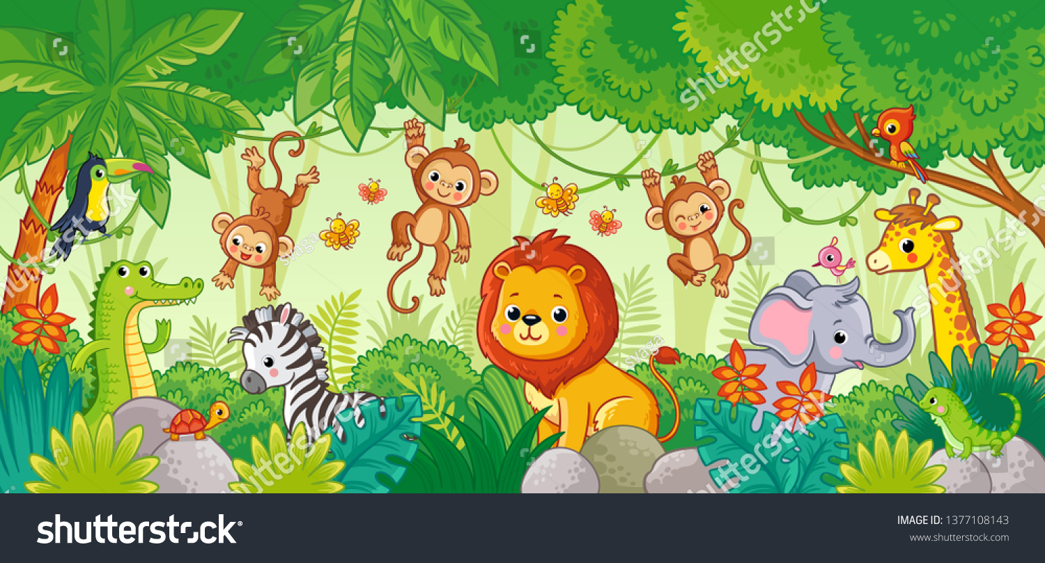 African animals in the jungle. Cute cartoon animals. Set of animals. #1377108143