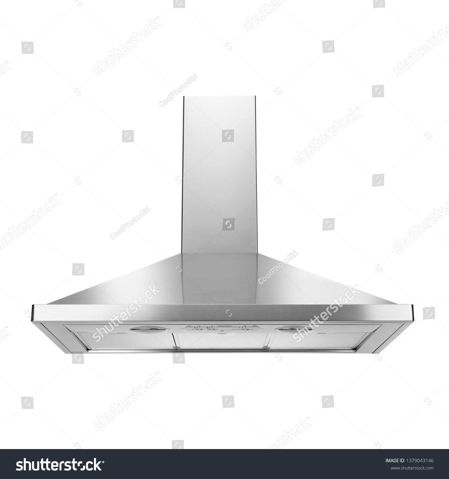 Range Hood Isolated on White Background. Cooking Canopy. Stainless Steel Fume Extractor. Island Ventilation.  Front View of Electric Chimney. Kitchen and Domestic Major Appliances #1379043146