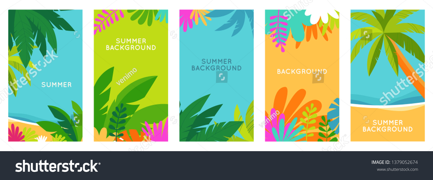Vector set of social media stories design templates, backgrounds with copy space for text - summer landscape - background for banner, greeting card, poster and advertising - summer vacation concept   #1379052674