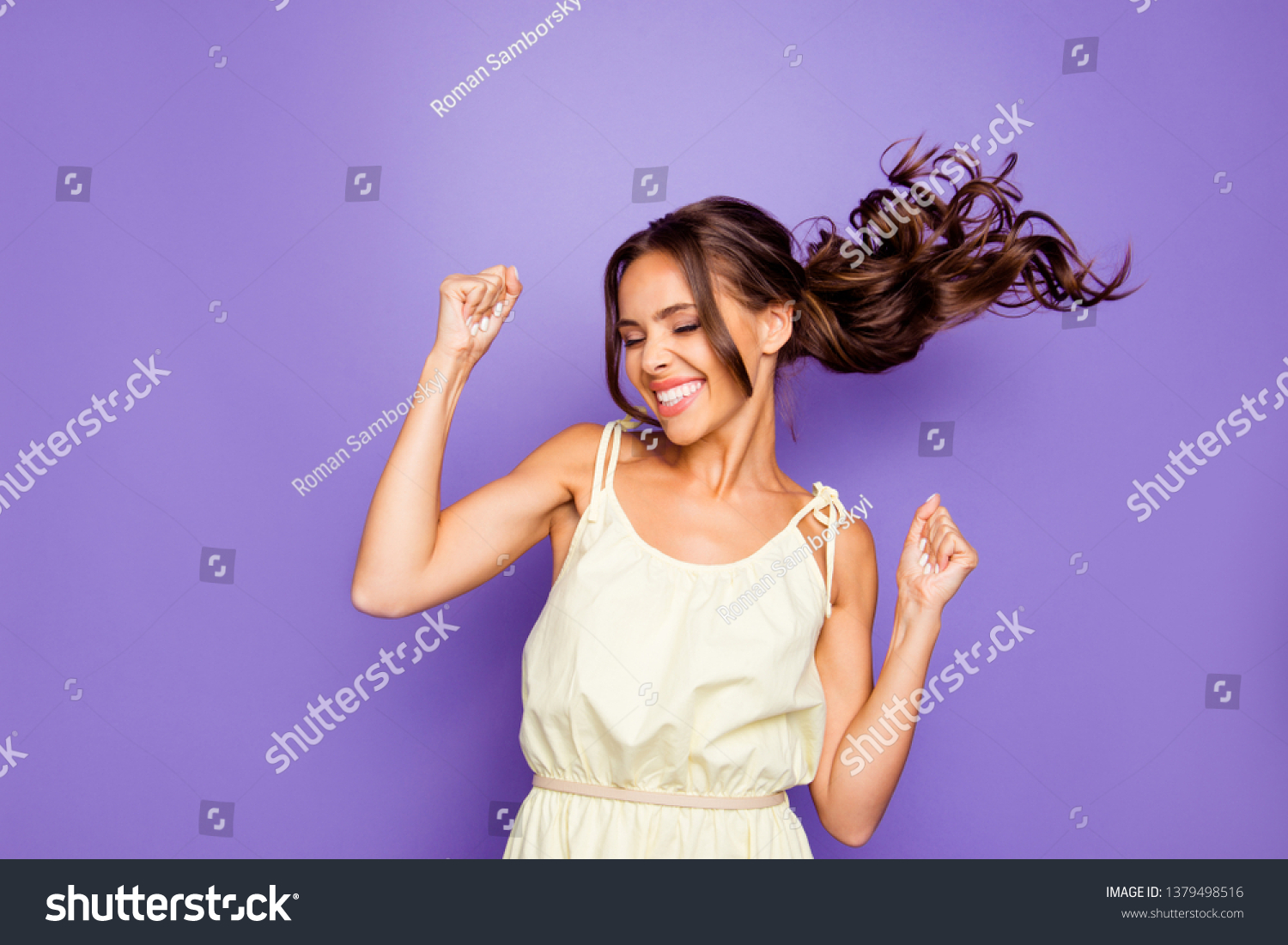Close up photo of pretty attractive optimistic lovely she her lady raising fists hands up having free freedom inspiration isolated violet background #1379498516