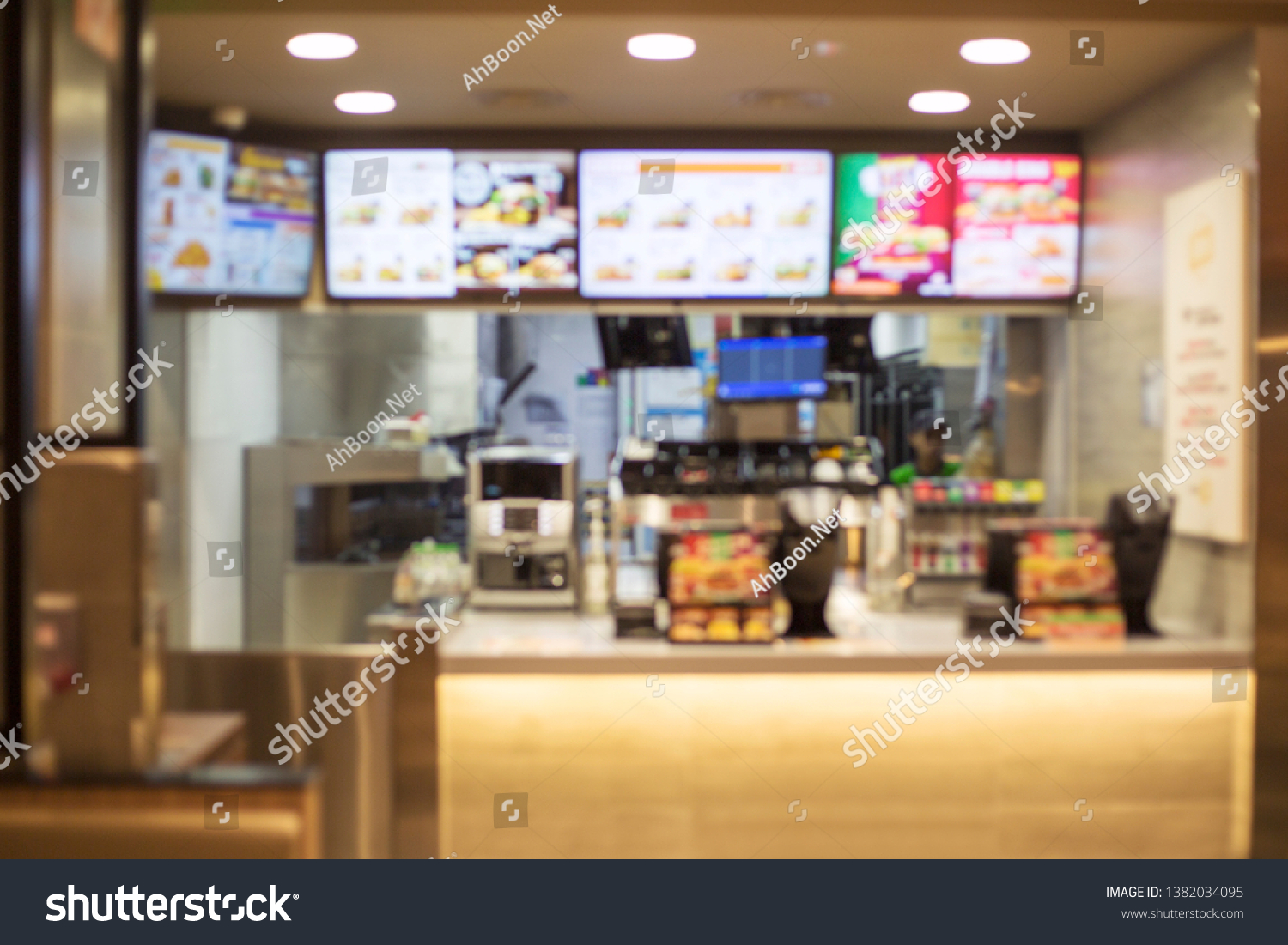 defocus of Fast food restaurant, burger shop store interior, abstract blur background #1382034095