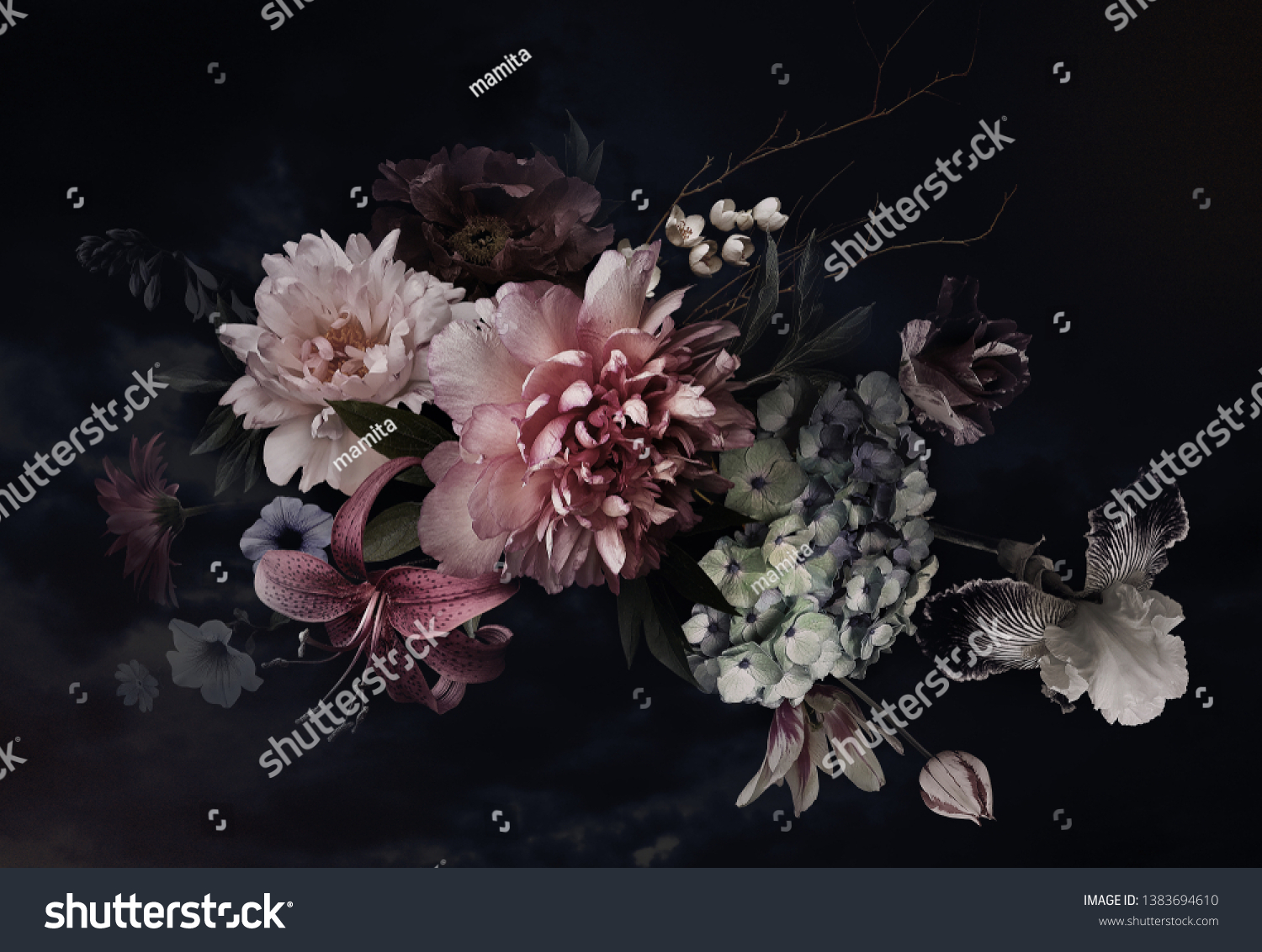 Vintage flowers. Peonies, tulips, lily, hydrangea on black. Floral background. Baroque style floristic illustration. #1383694610