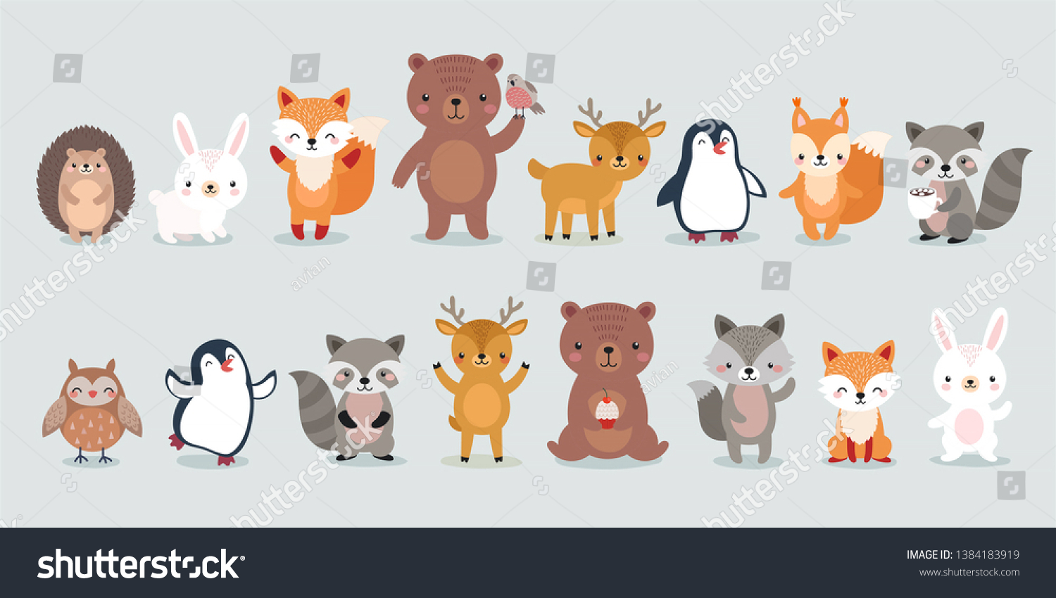 woodland characters -  bear, fox, raccoon, hedgehog, penguin, deer, rabbit, owl and squirrel. Cute forest animals. Vector illustration. #1384183919