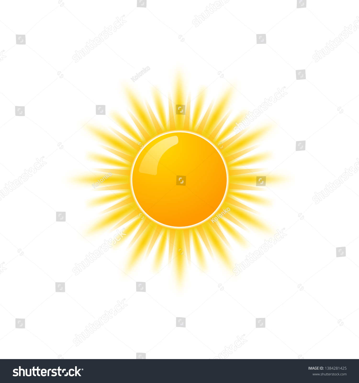 Realistic sun icon for weather design. Sunshine symbol happy orange isolated sun illustration. #1384281425