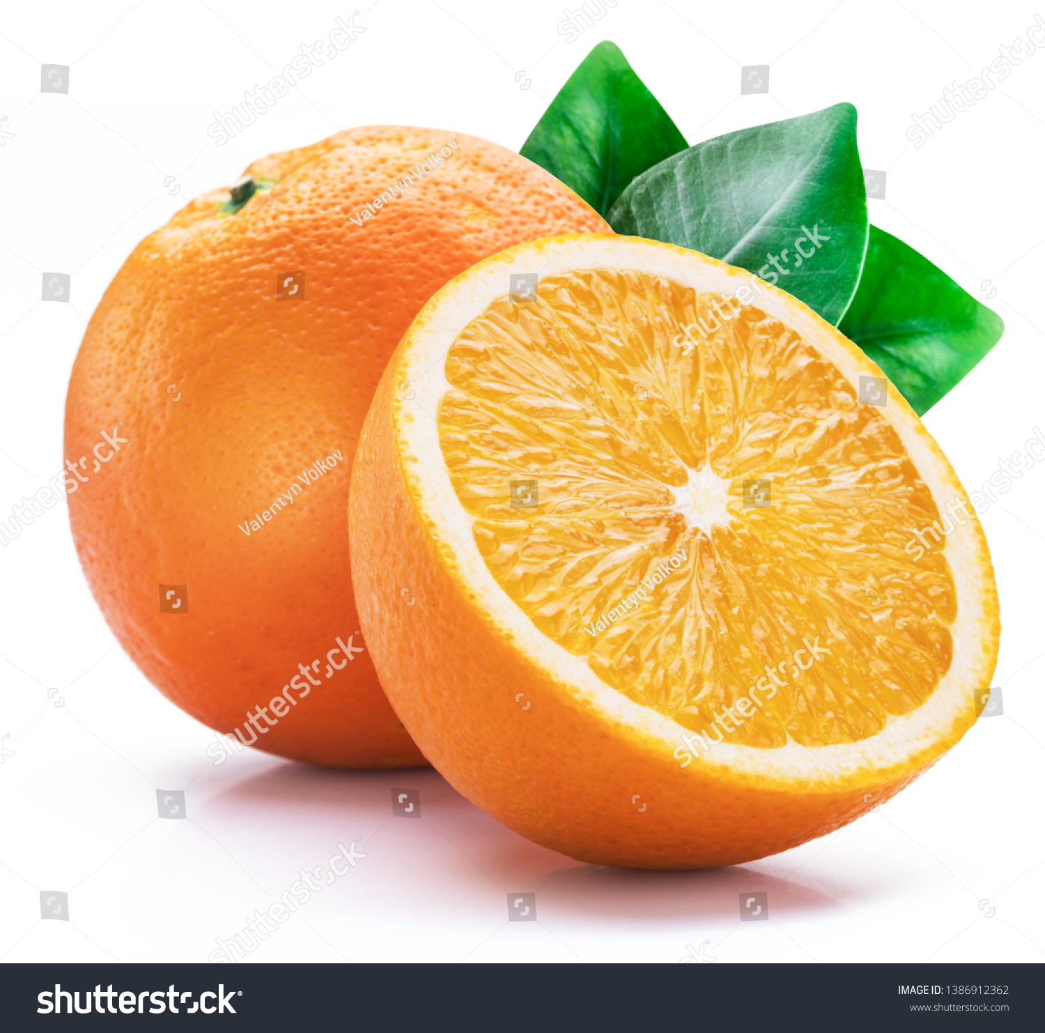 Orange fruit with orange slices and leaves isolated on white background. #1386912362
