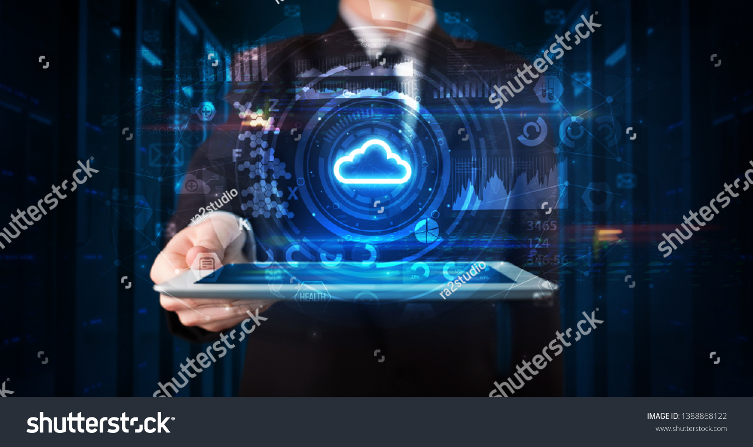 Hand holding tablet with cloud technology and dark concept #1388868122
