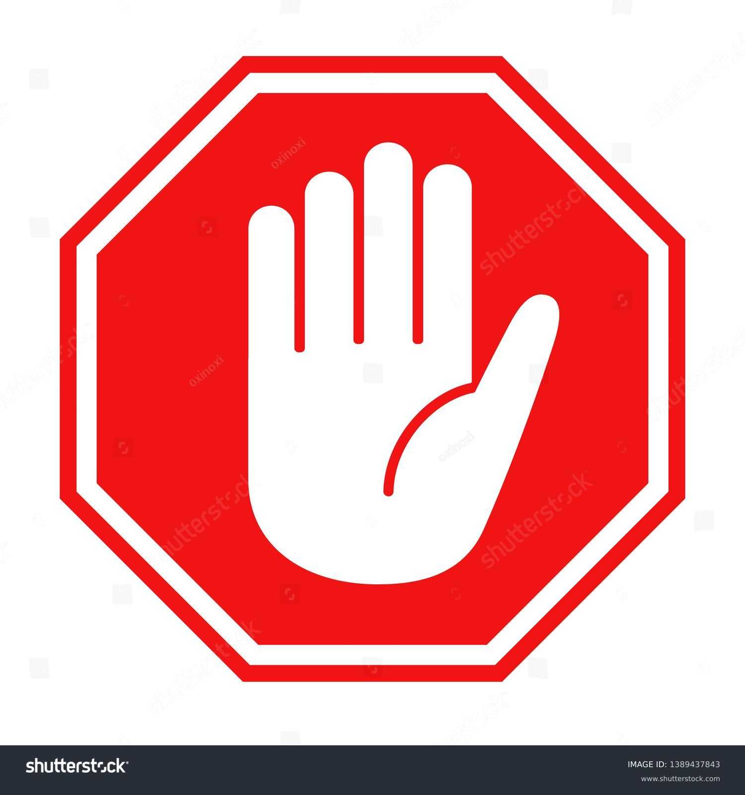 Simple red stop roadsign with big hand symbol or icon vector illustration #1389437843