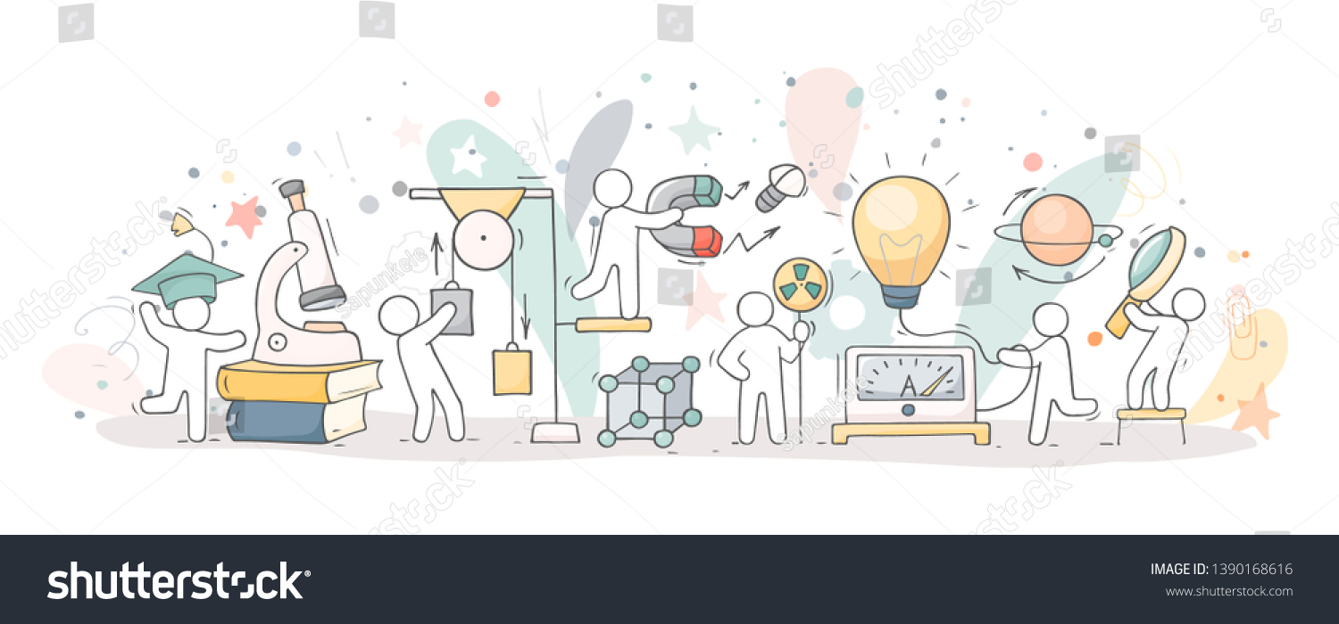 Sketch of physics lab with working little people. Doodle cute miniature of teamwork and science symbols. Hand drawn cartoon vector illustration for school subject design. #1390168616