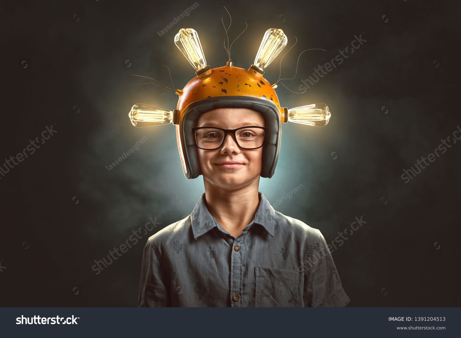 Clever kid with light bulb helmet  #1391204513
