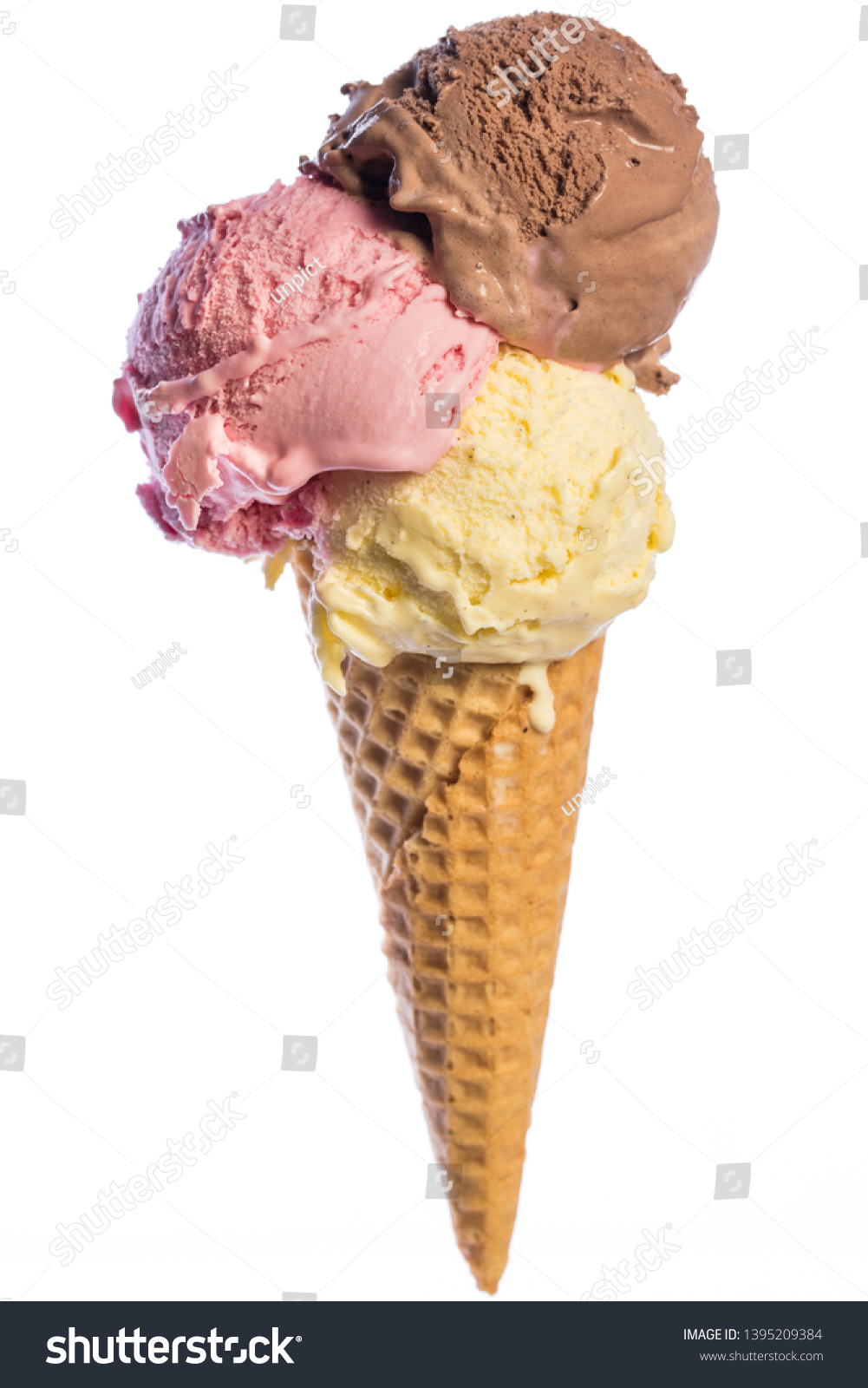 
front view of real edible ice cream cone with 3 different scoops of ice cream (vanilla, chocolate, strawberry) isolated on white background

real edible icecream, no artificial ingredients used! #1395209384