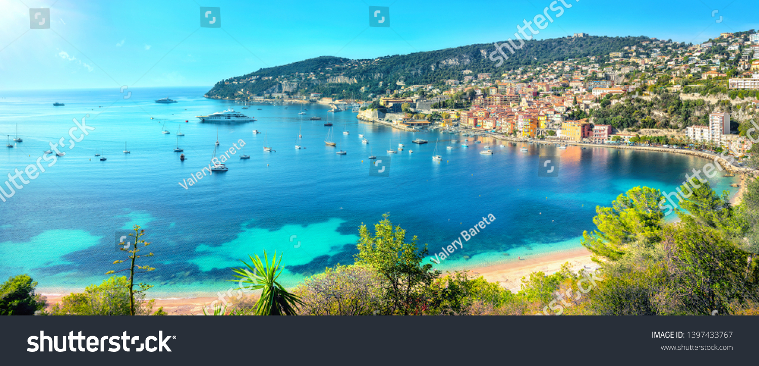 Panoramic view of bay Cote d'Azur and resort town Villefranche sur Mer. French riviera, France #1397433767