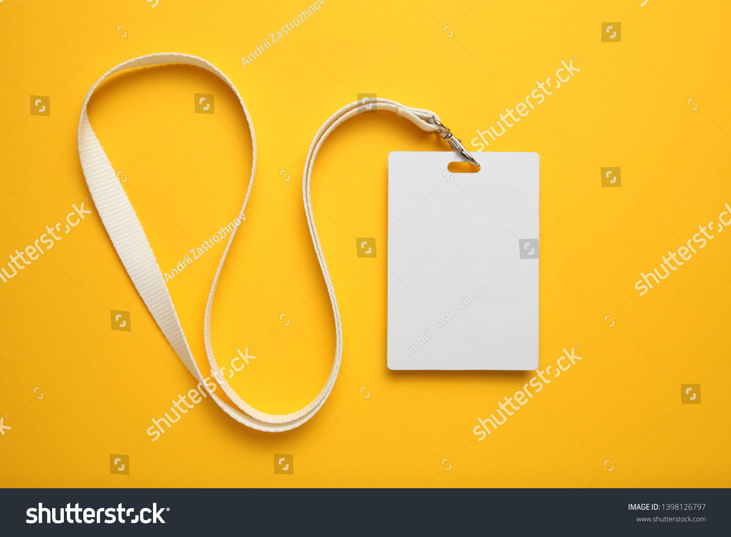 Tag id pass, plastic identification on yellow background. White blank badge mockup. #1398126797