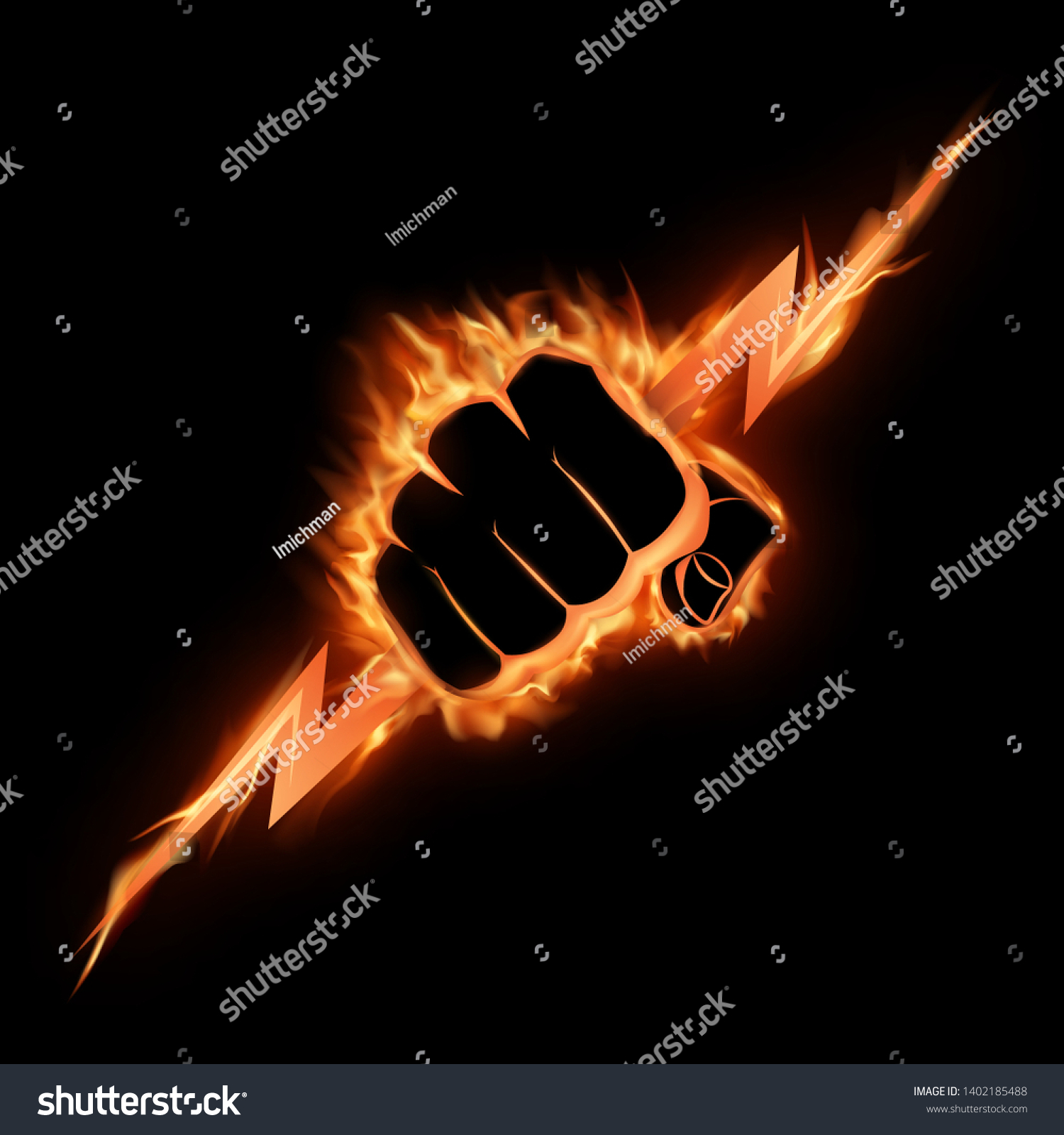 A burning fist squeezes a lightning bolt.The vector illustration symbolizing force, the power. A logo, a sign for the power companies, fight club. Design element. Vector illustration. #1402185488