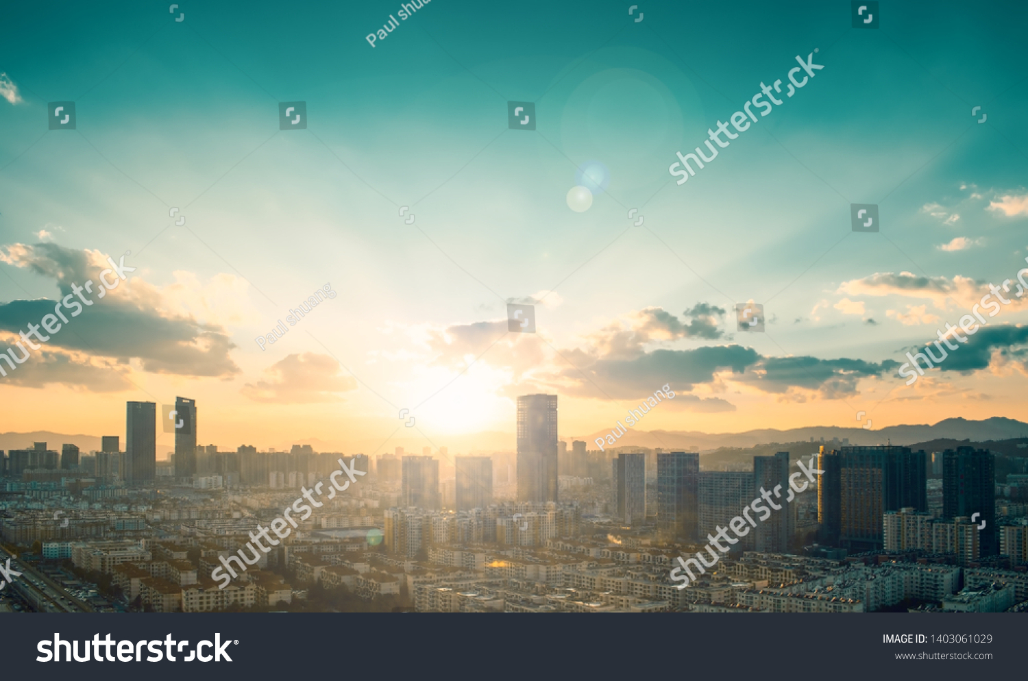 World Cities Day concept: big city at sunset background #1403061029