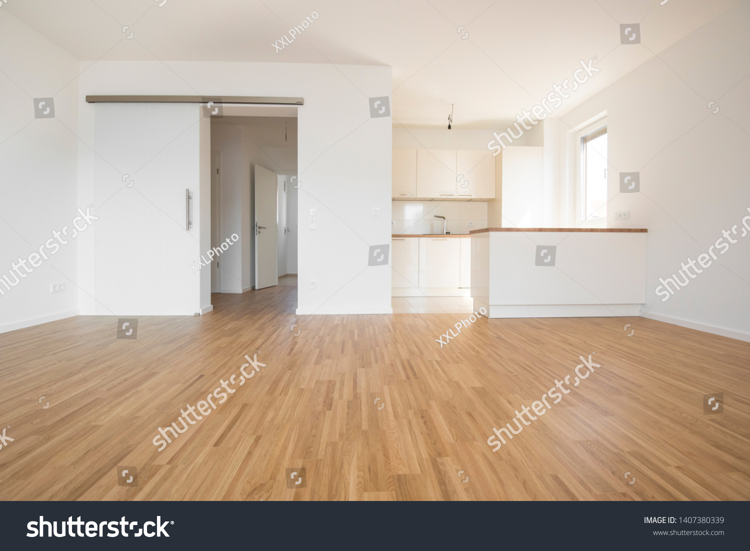empty flat with wooden beech flooring #1407380339